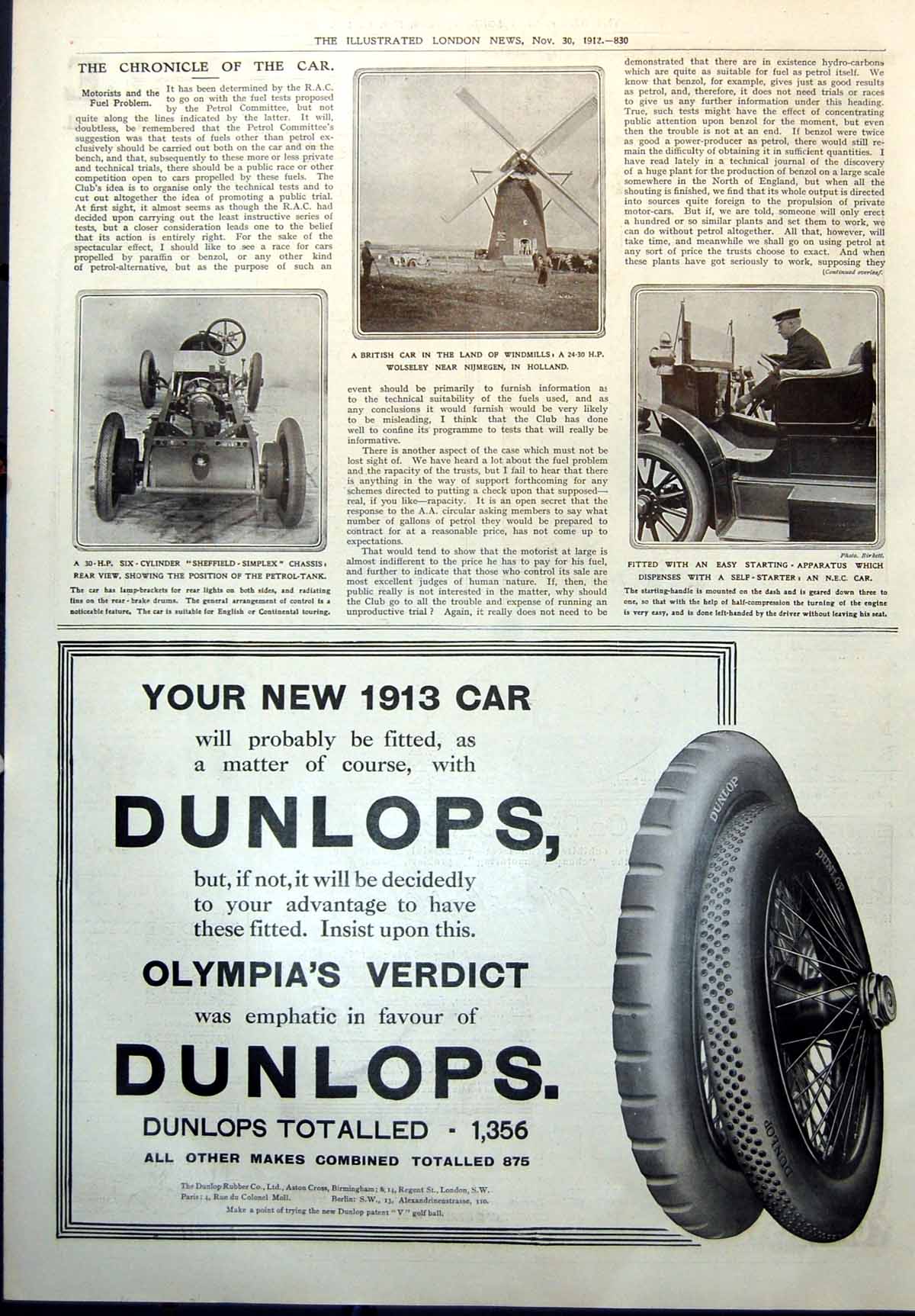 Print Wolseley Car Holland Windmill Sheffield Simplex Chassis N E C Car 1912