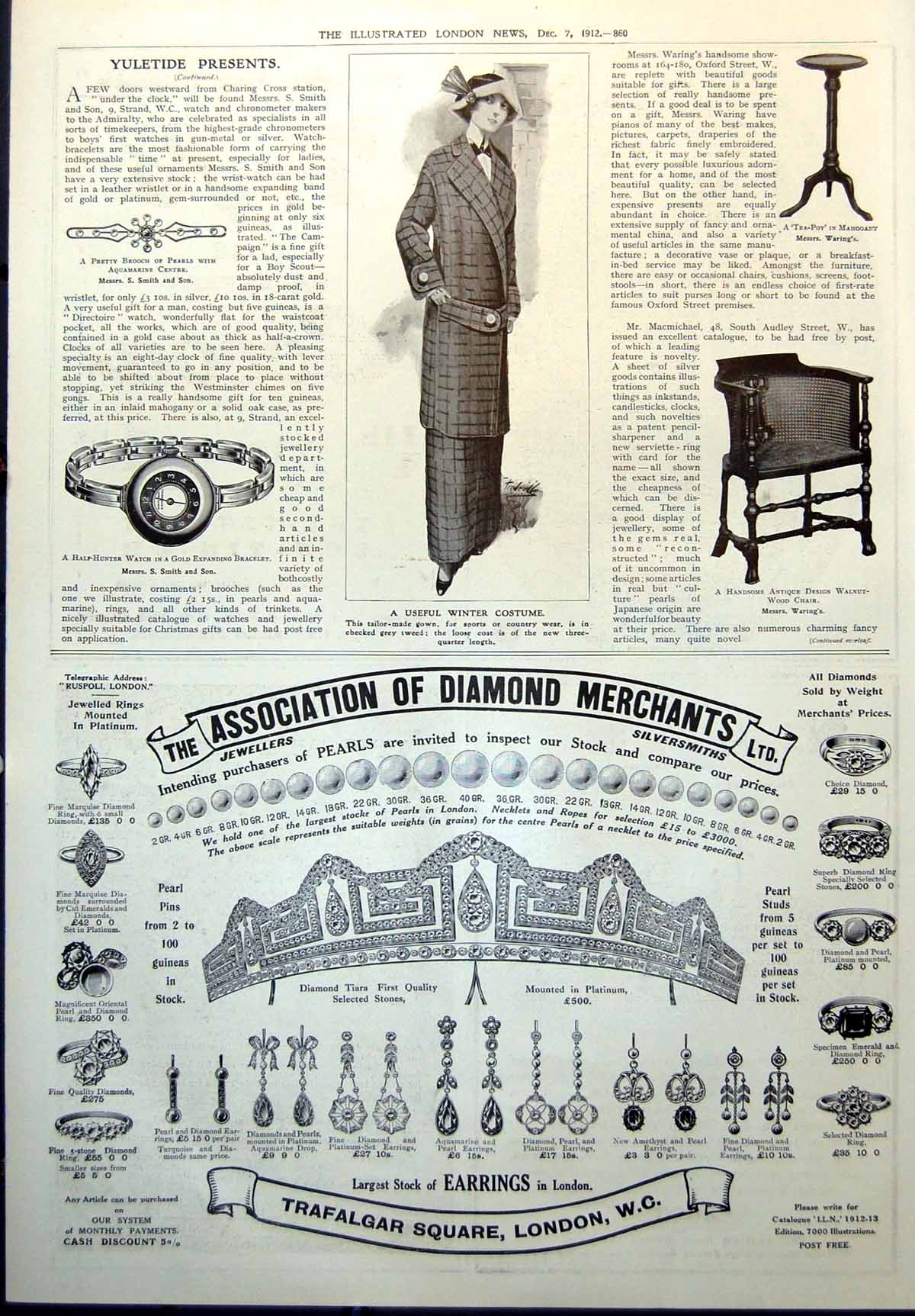 Old Antique Print Winter Costume Walnut Wood Chair Half Hunter Watch 1912 20th