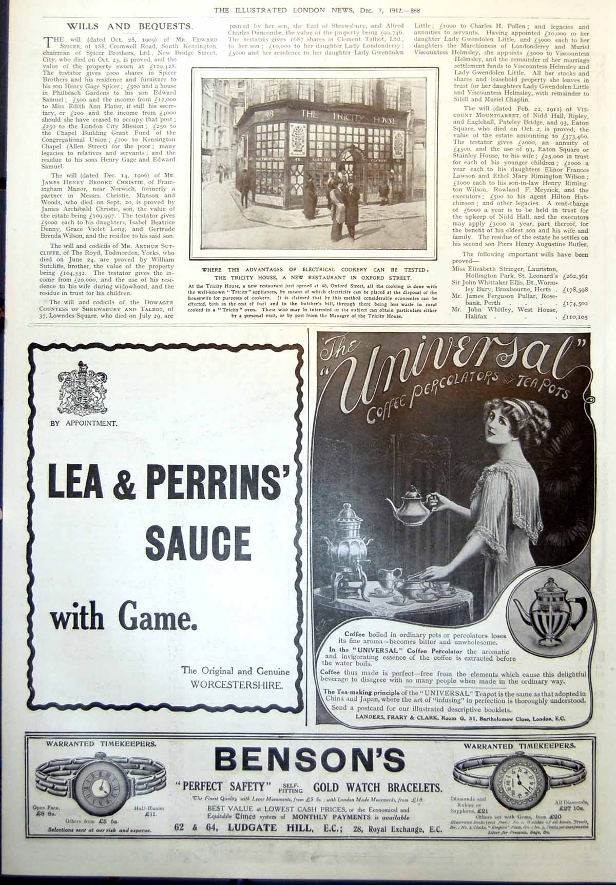 Old Print Tricity House New Restaurant Oxford St Lea & Perrins Sauce 1912 20th