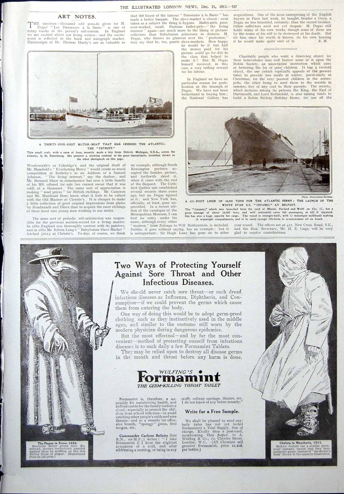 Old Print Motor Boat Detroit Atlantic Ferry Ceramic Gallery St James Palace1912