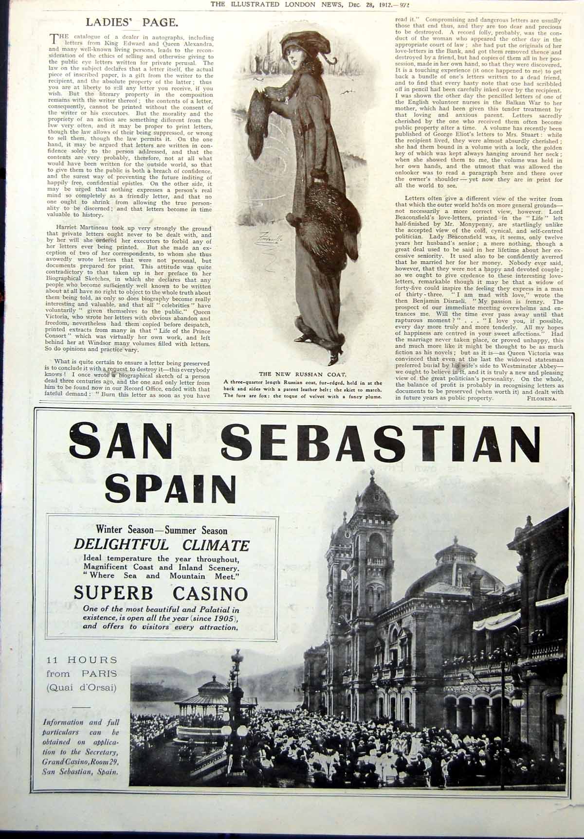 Old New Russian Coat San Sebastian Spain Casino Delightful Climate 1912 20th