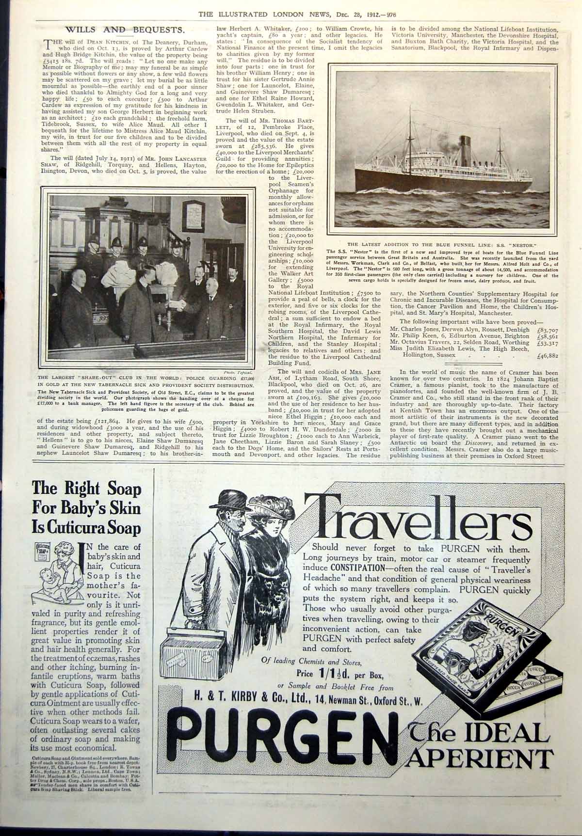 Print Blue Funnel Line S S Nestor Tabernacle Sick Provident Soc Share Out1912