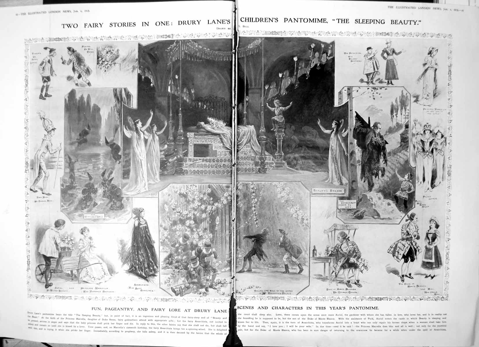 Antique Old Print Damaged Scenes Children'S Pantomime Sleeping Beauty 1913 0