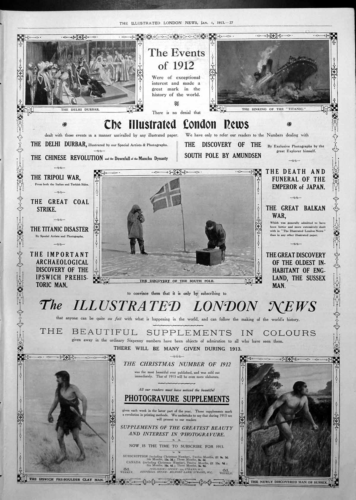 Old Print Events 1912 Sinking Titanic Discovery South Pole Adverts 1913 0 20th