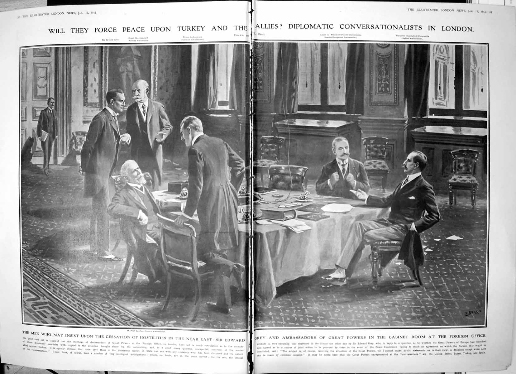 Old Print Damaged Diplomatic Cabinet Room Discussions Turkey London 1913 0 20th