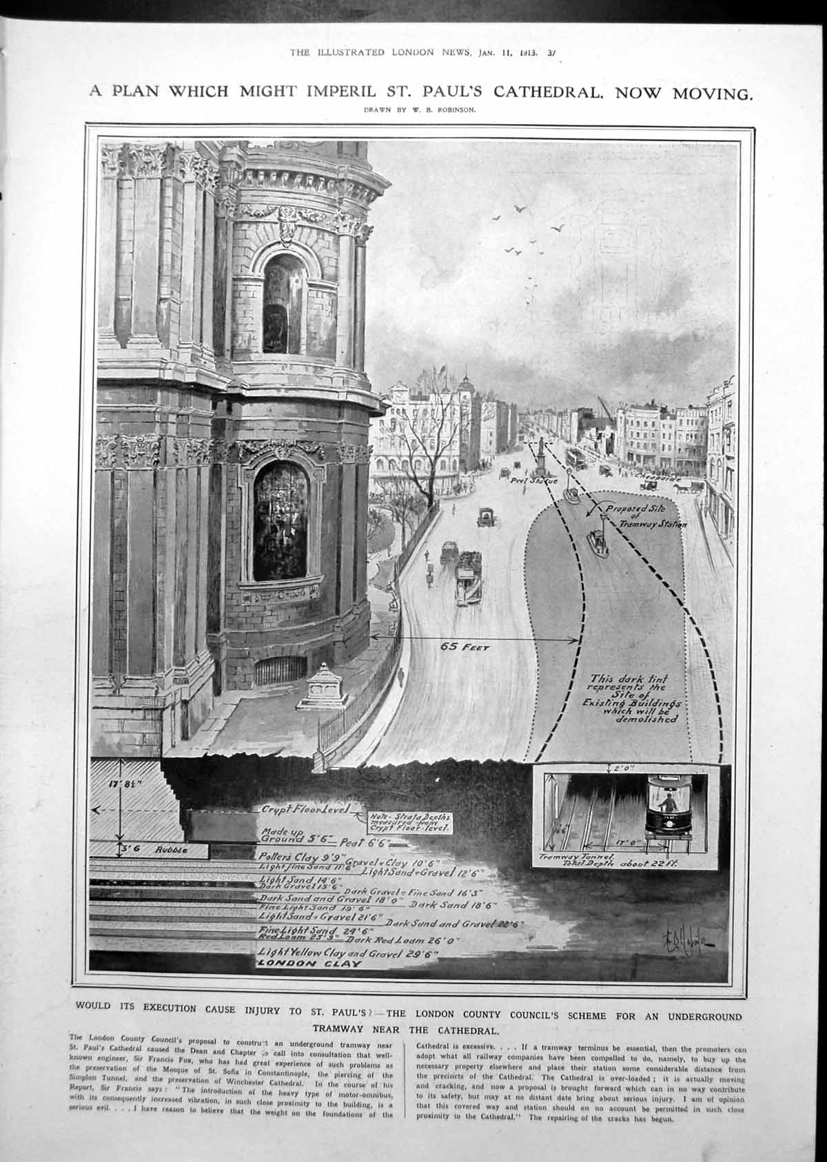 Antique Print Underground Tramway Plans St Paul'S Cure For Subsidence 1913 0