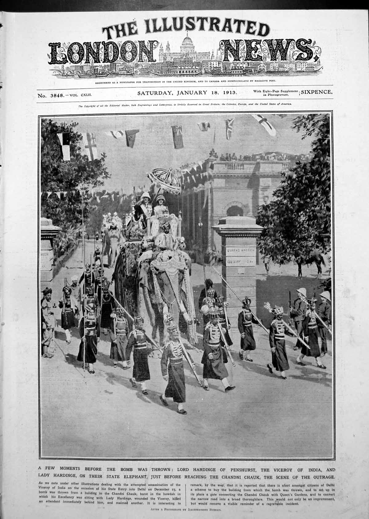 Antique Old Print Lord Lady Hardinge Viceroy India State Elephant Parade 1913