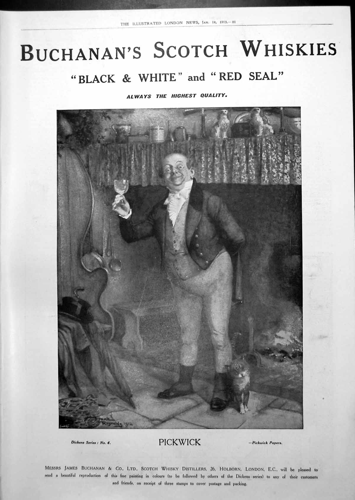 Old Print Buchanan'S Scotch Advert Pickwick Athabasca River Canada 1913 0 20th