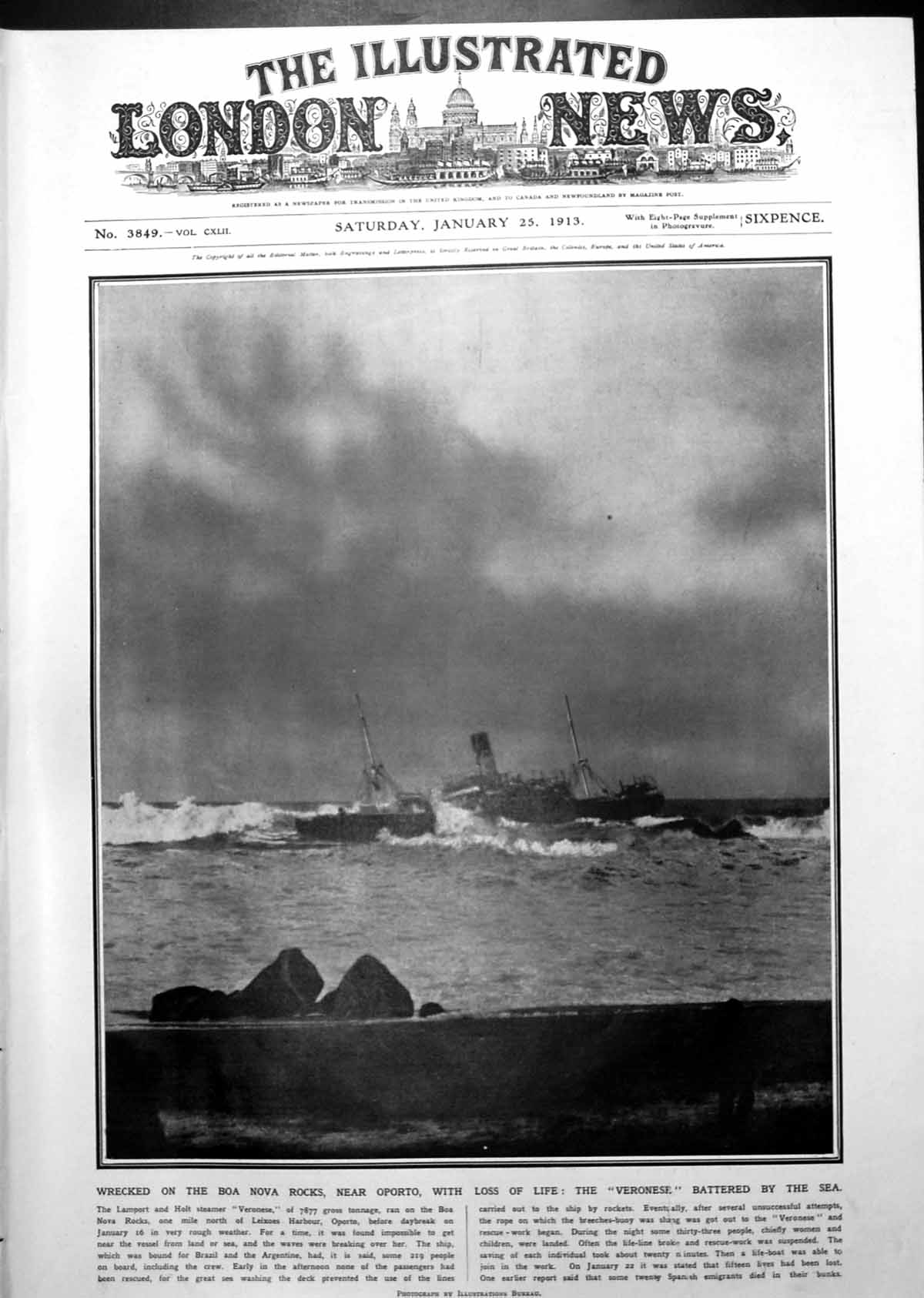 Original Old Antique Print Veronese Wrecked With Loss Life Boa Nova Rocks 1913