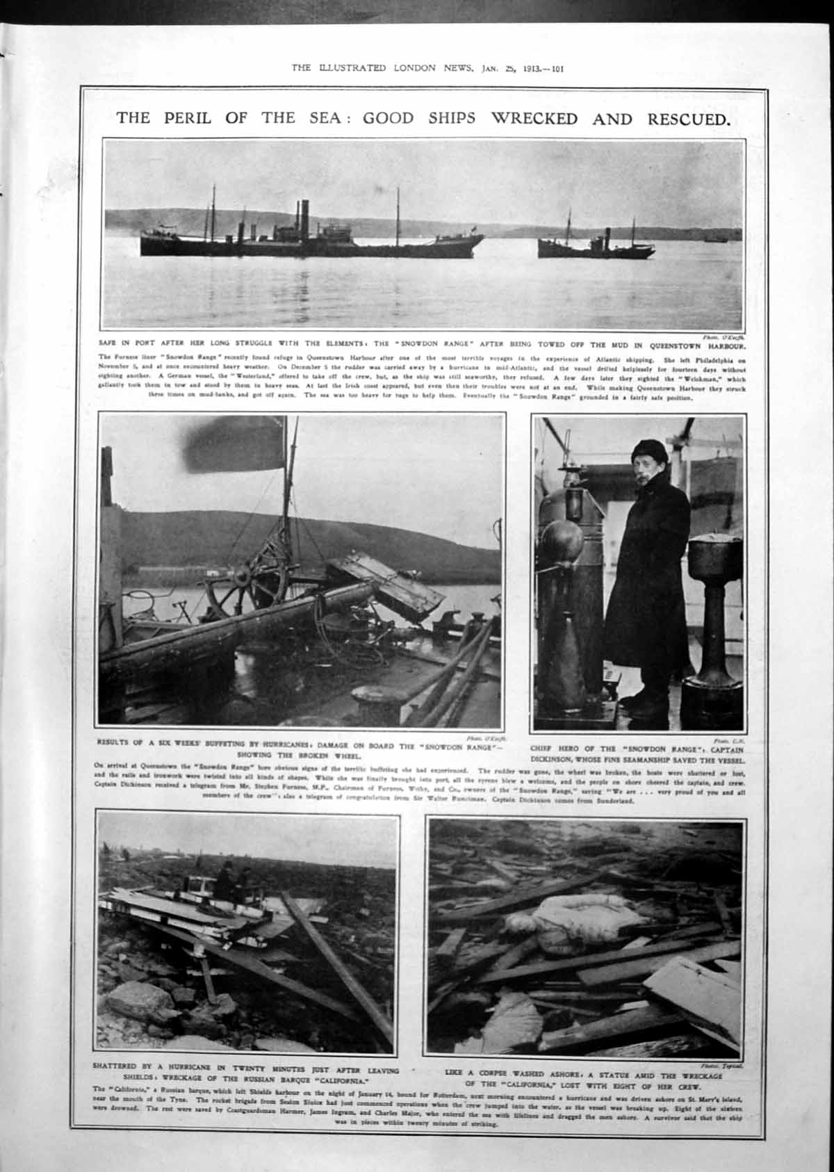 Antique Old Print Ships Wrecked Rescued Snowdon Range Plant Temperature 1913