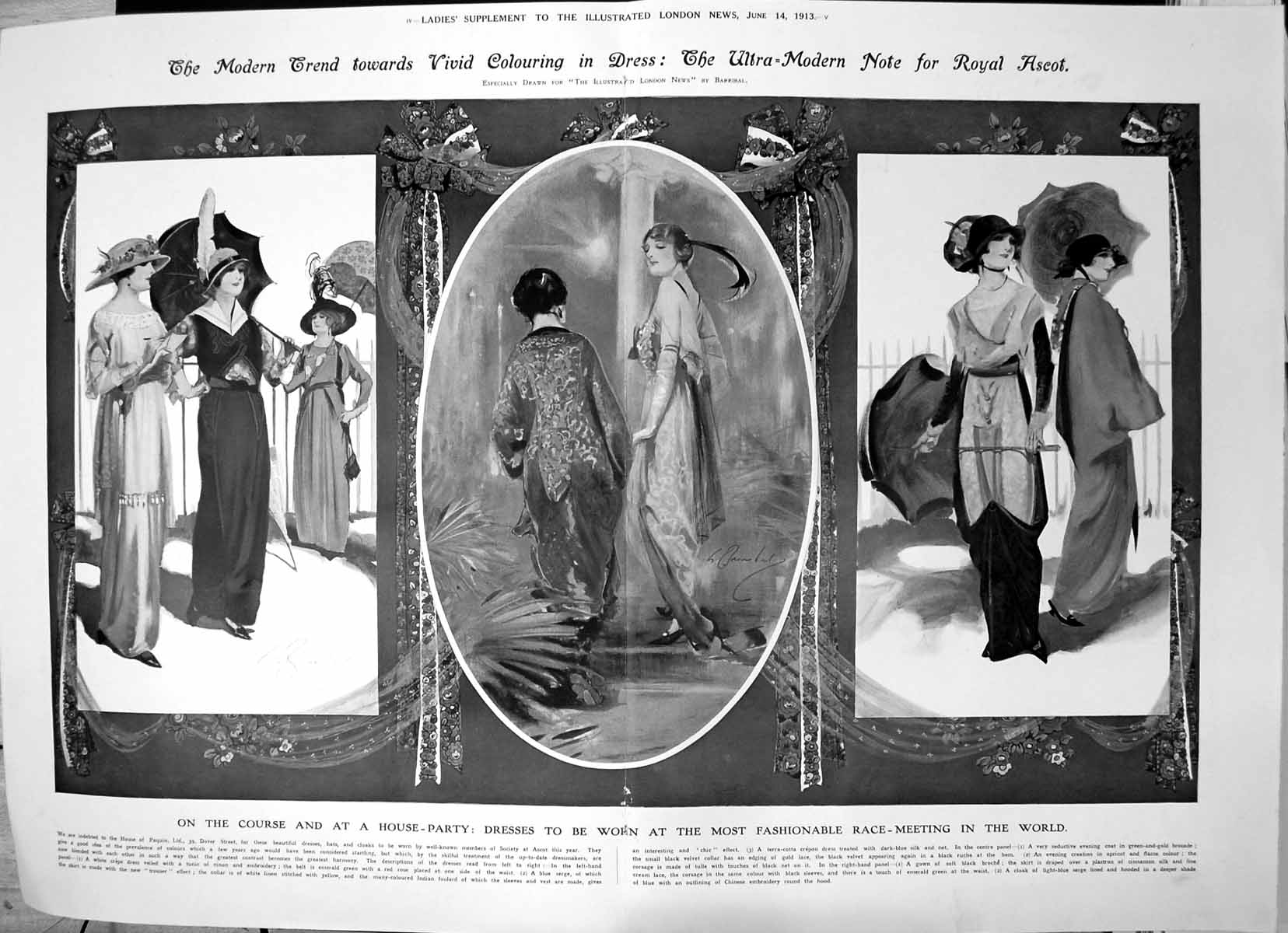 Old Print Ultra-Modern Note Royal Ascot Colour Course House Party 1913 10 20th