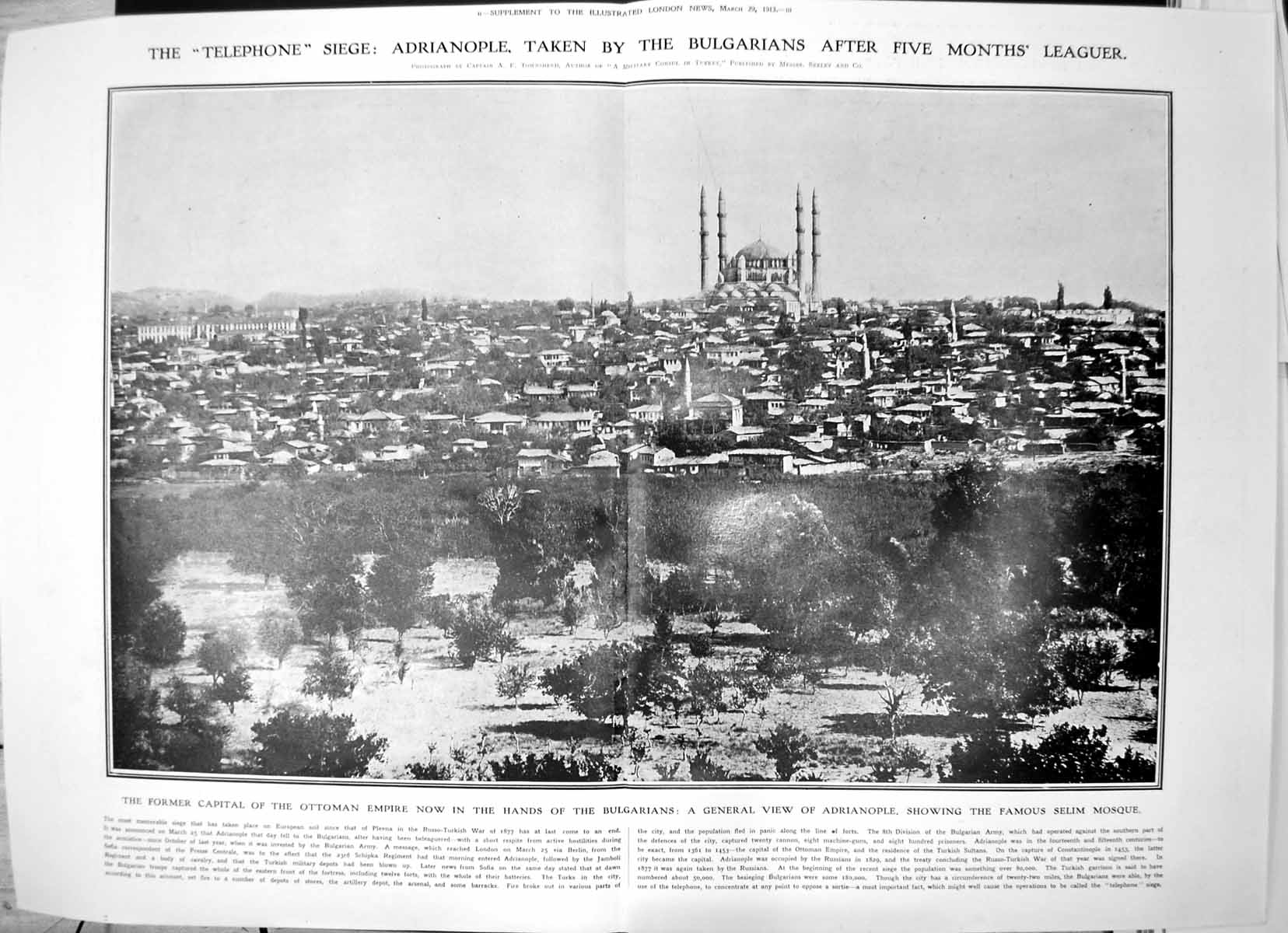 Antique Old Print General View Adrianople With Selim Mosque Buildings 1913 10