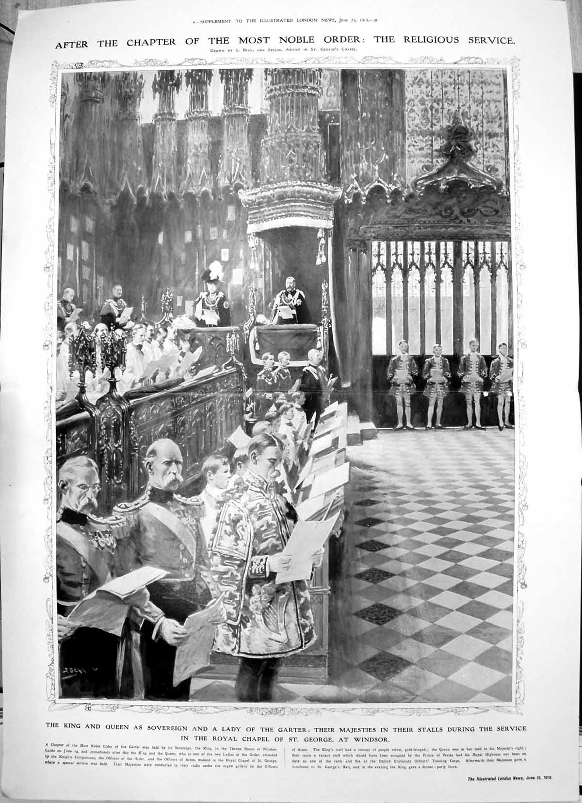Antique Old Print King Queen Service Royal Chapel St. George Windsor 1913 10