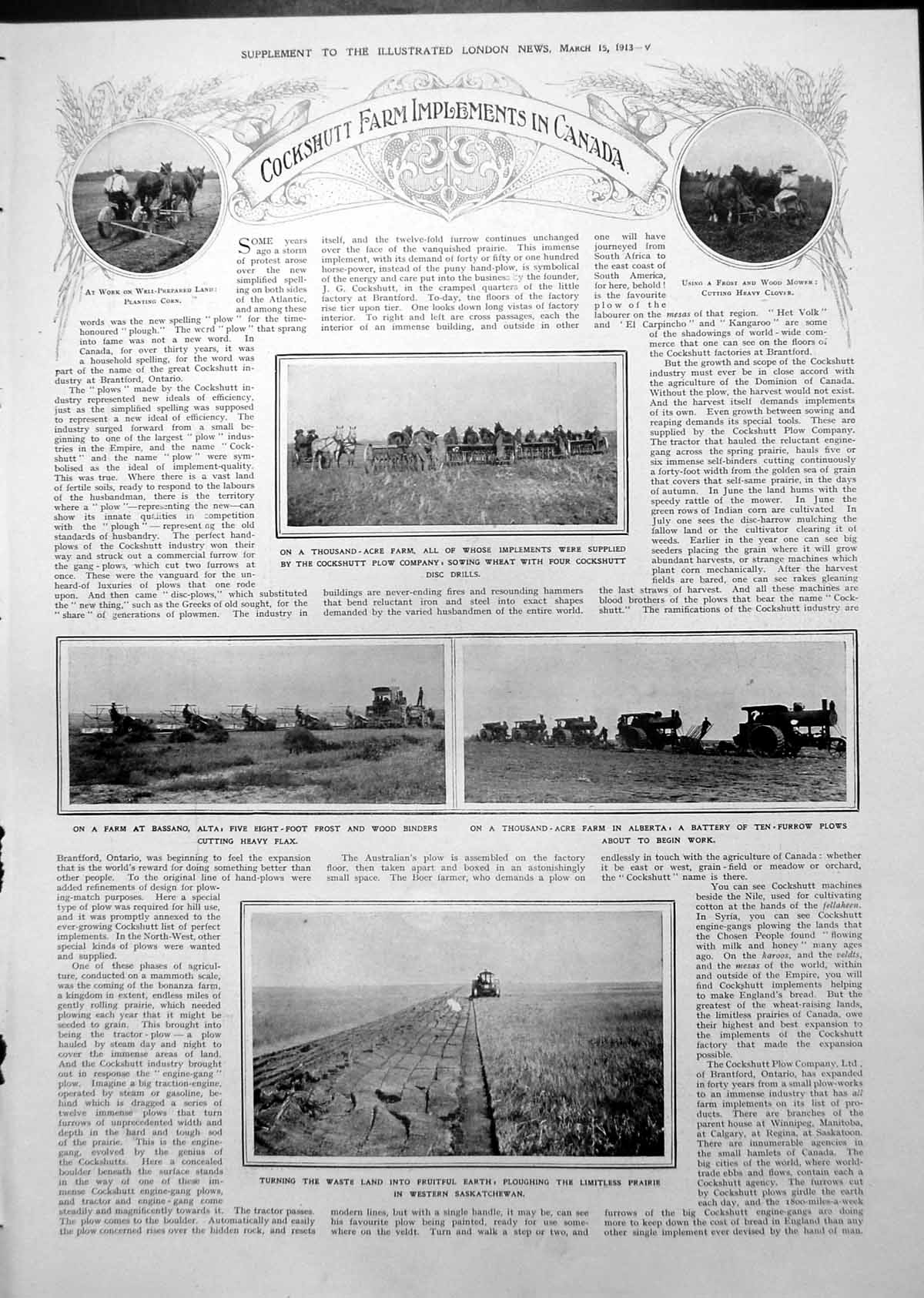 Antique Old Print Cockshutt Farm Implements In Canada Binders Ploughs 1913
