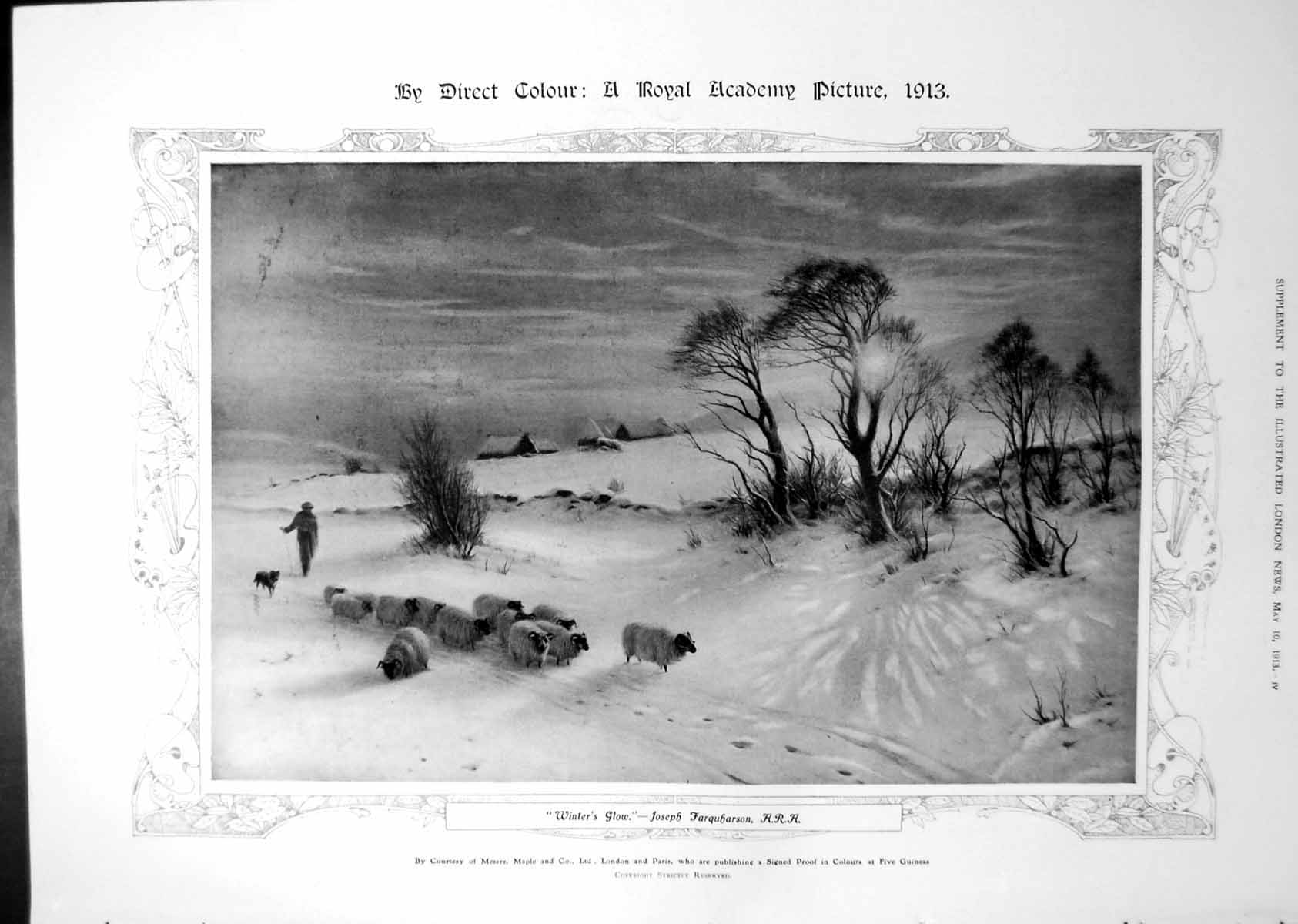 Old Print Colour Winter'S Glow Sheep Snow Suffolk Shadowed Portal 1913 11 20th