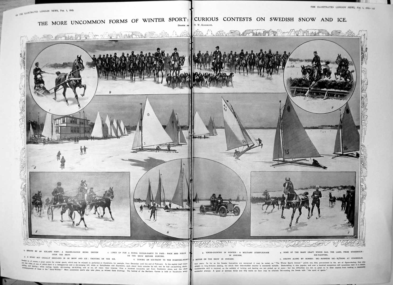 Old Print Damaged Winter Contests On Snow Ice Sweden Racing Sleigh 1913 20th