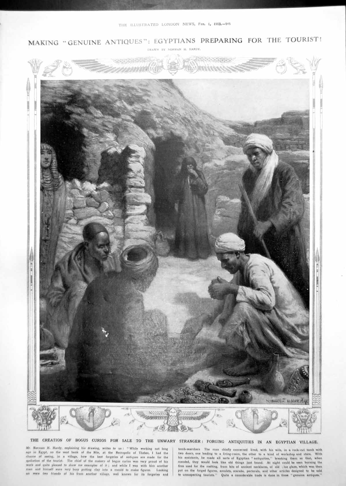 Antique Old Print Forging Antiquities Egyptian Village Vignettes Burmah 1913