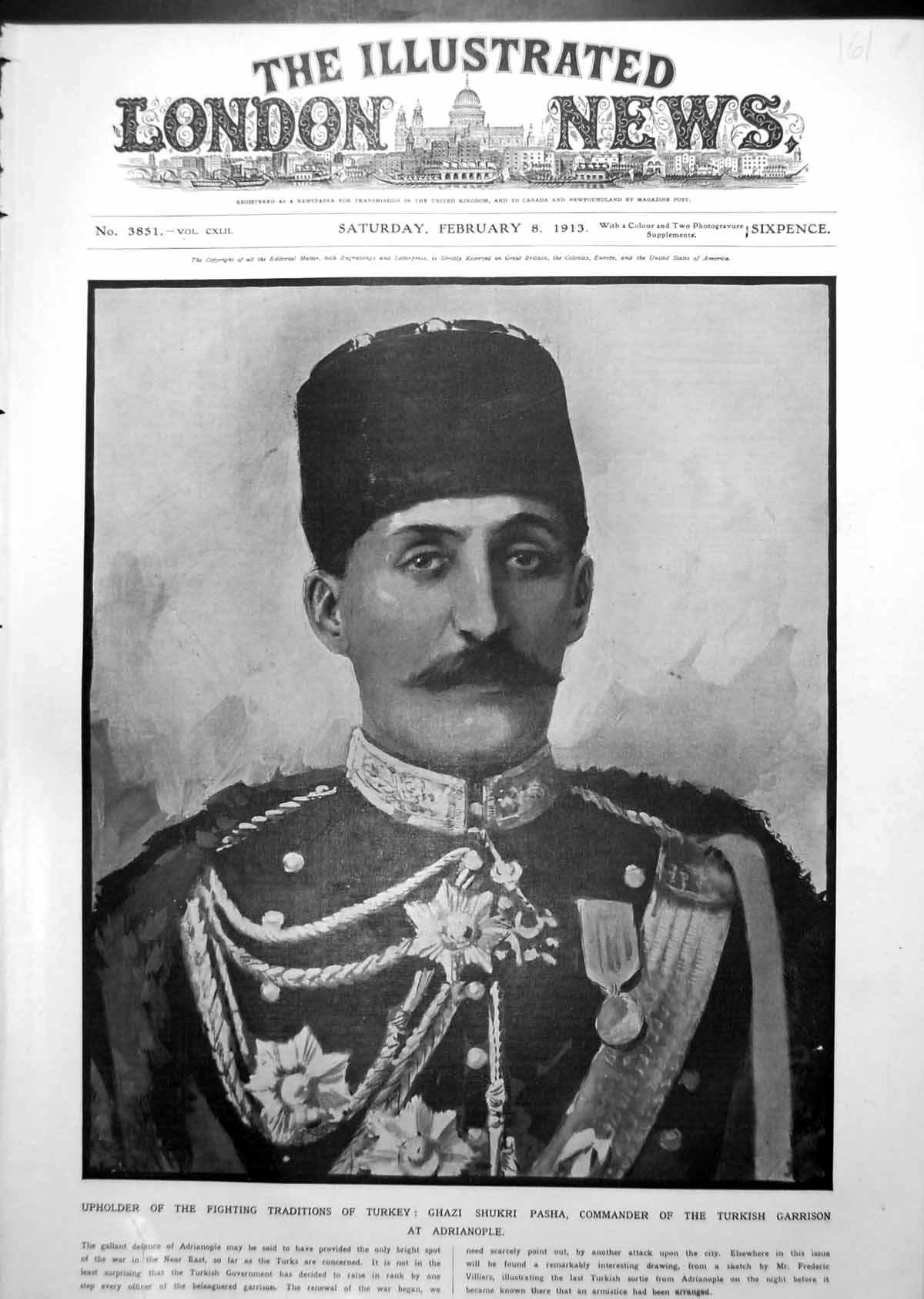 Antique Print Ghazi Shukri Pasha Commander Turkish Garrison Adrianople 1913