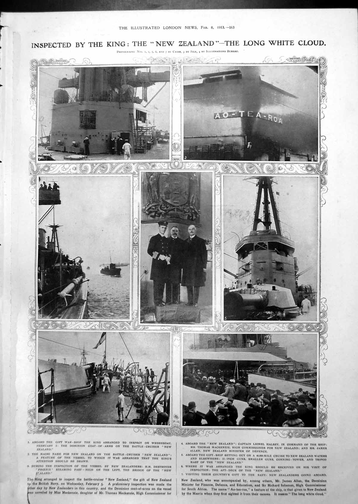 Old Print Inspected King New Zealand Battle-Cruiser Daneff Bulgaria 1913 20th