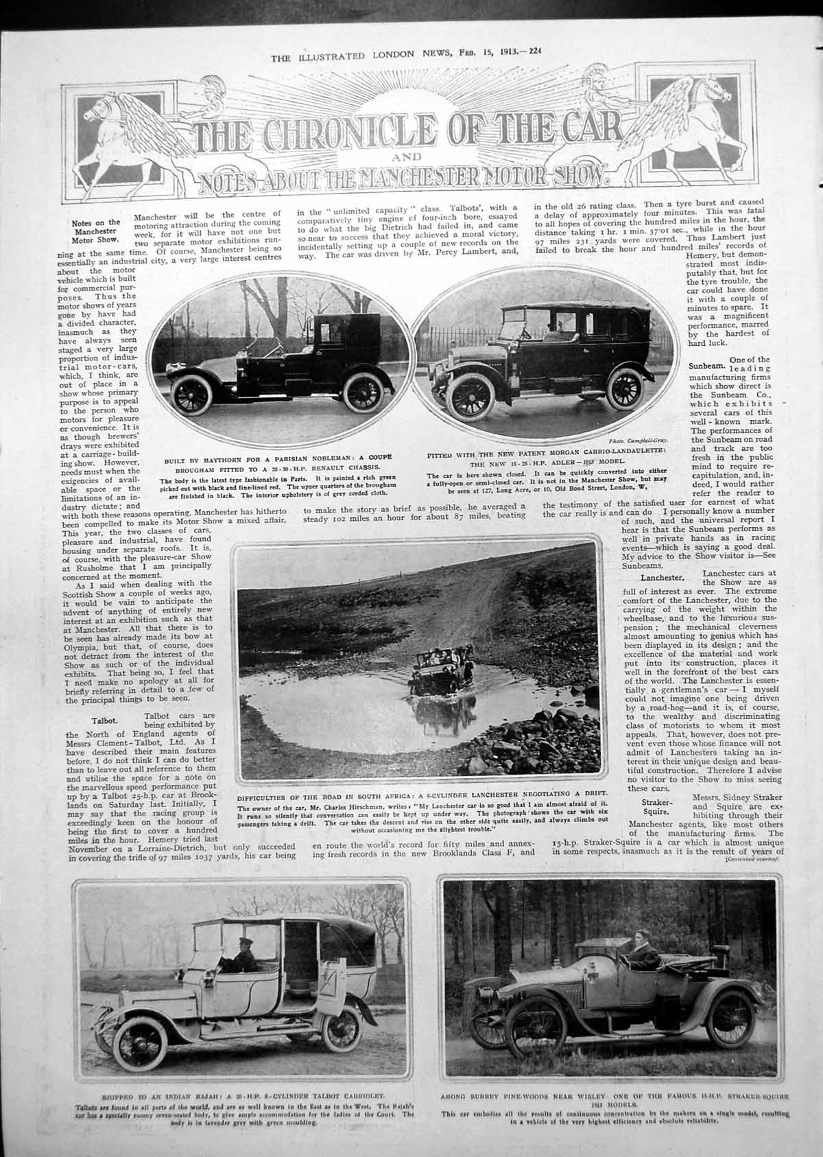 Antique Old Print Lanchester Driving South Africa Coupe Brougham Morgan 1913
