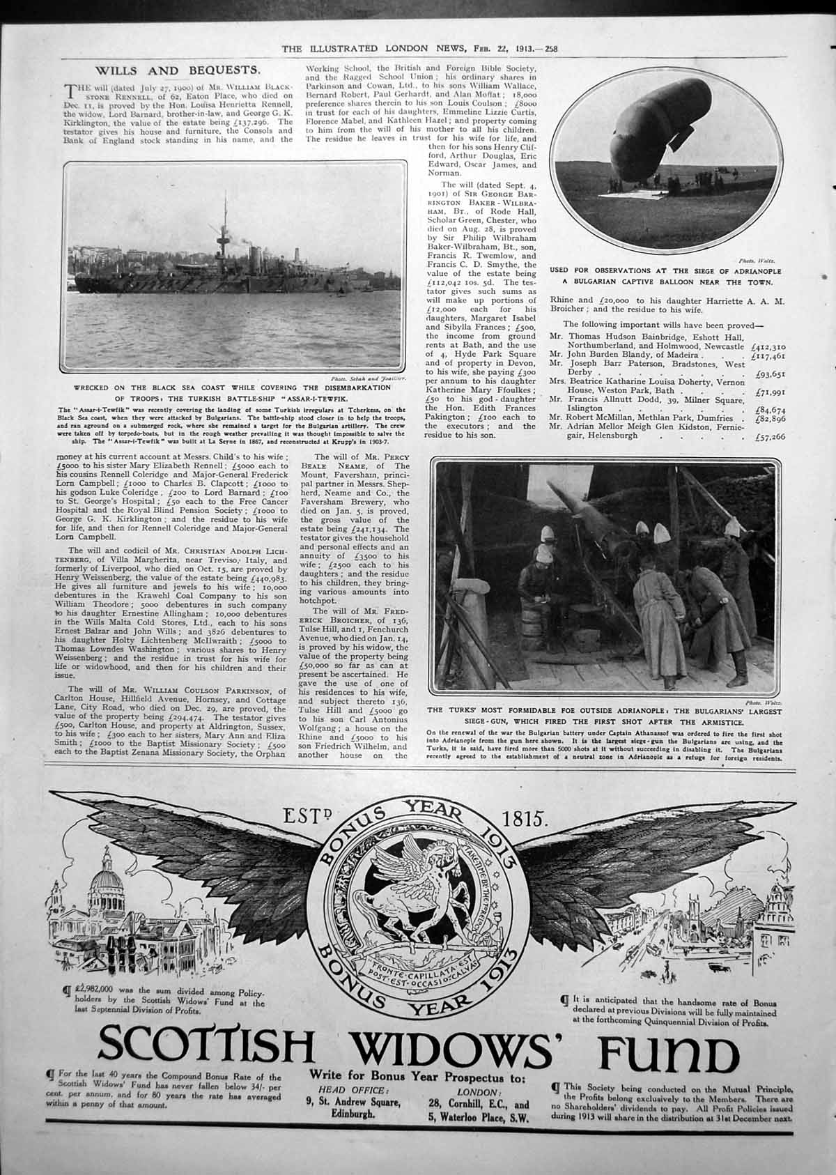 Old Print Assar-I-Tewfik Wrecked Bulgarian Captive Balloon Adverts 1913 20th