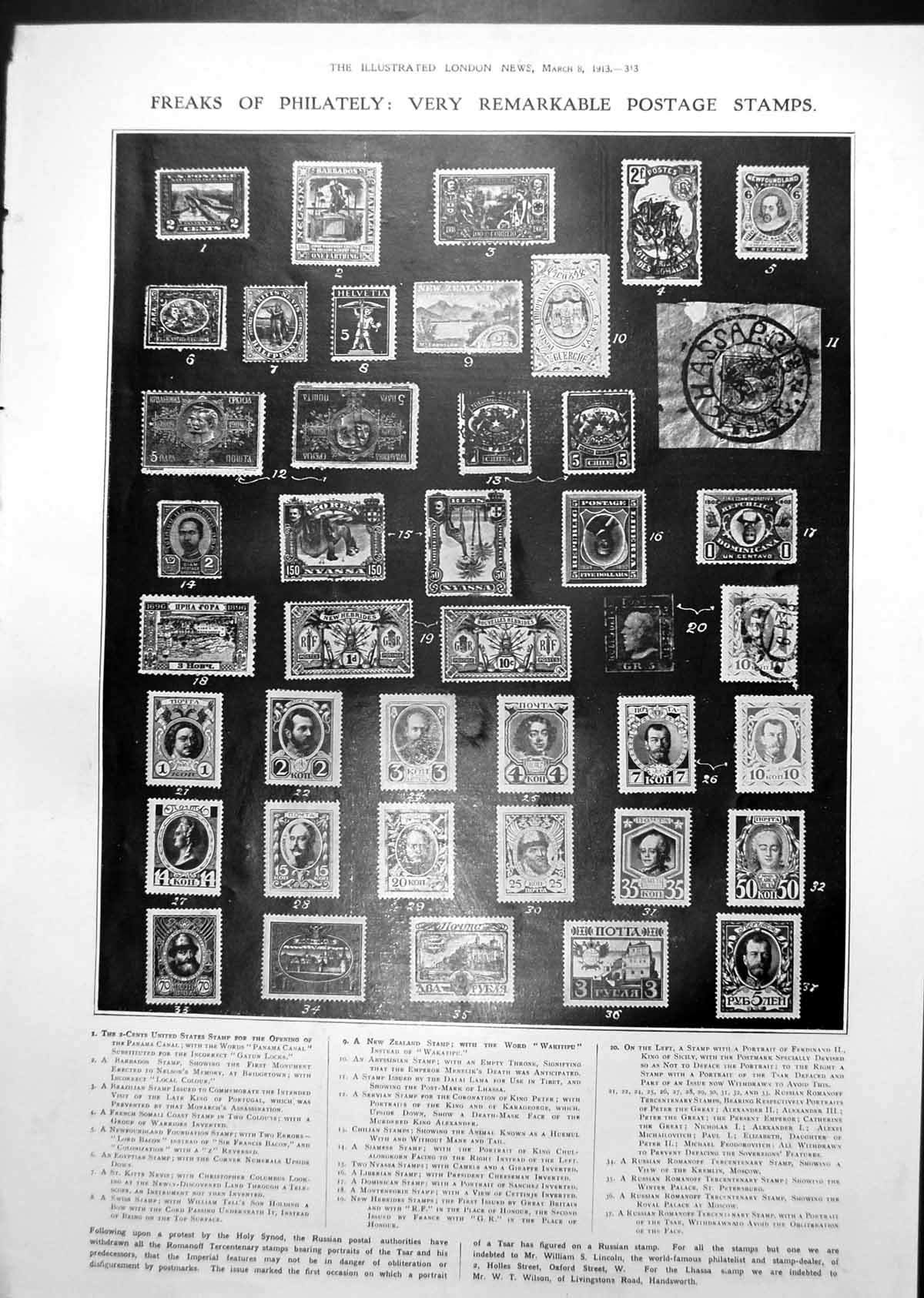 Antique Print Remarkable Postage Stamps Annotated Le Dieu Bleu Scenes 1913