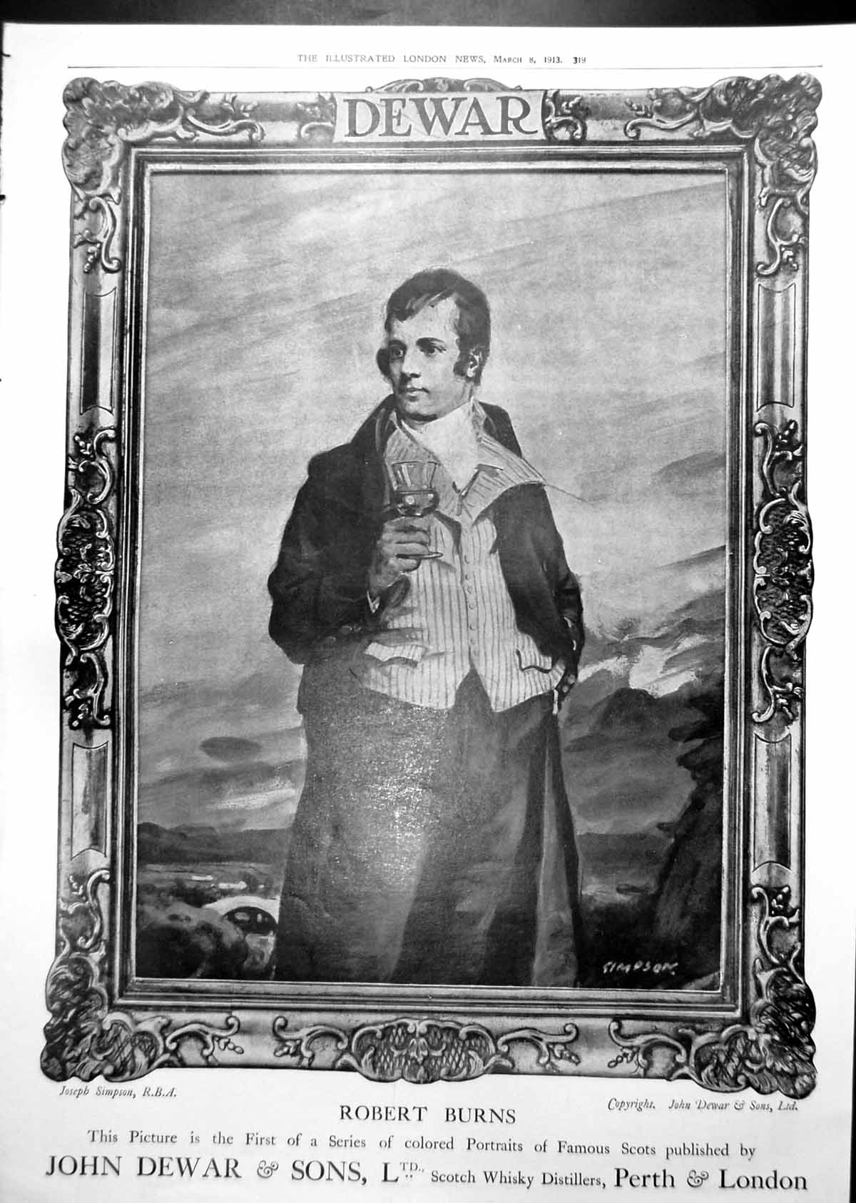 Old Dewar Whisky Ad Robert Burns Spring Toilette Frock Scrubb'S 1913 20th