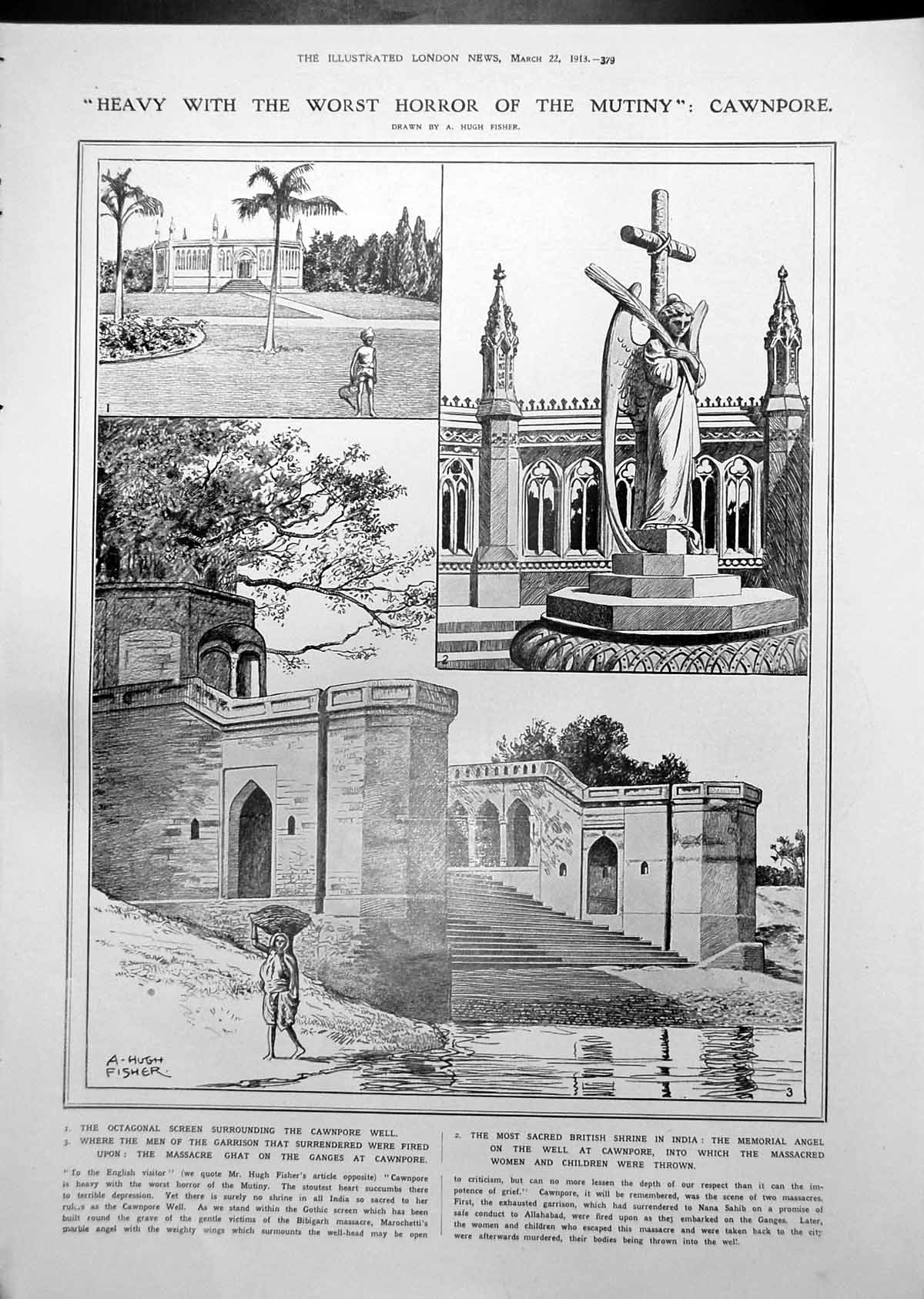 Antique Old Print Cawnpore Well Memorial Angel Garrison Metal Disease 1913