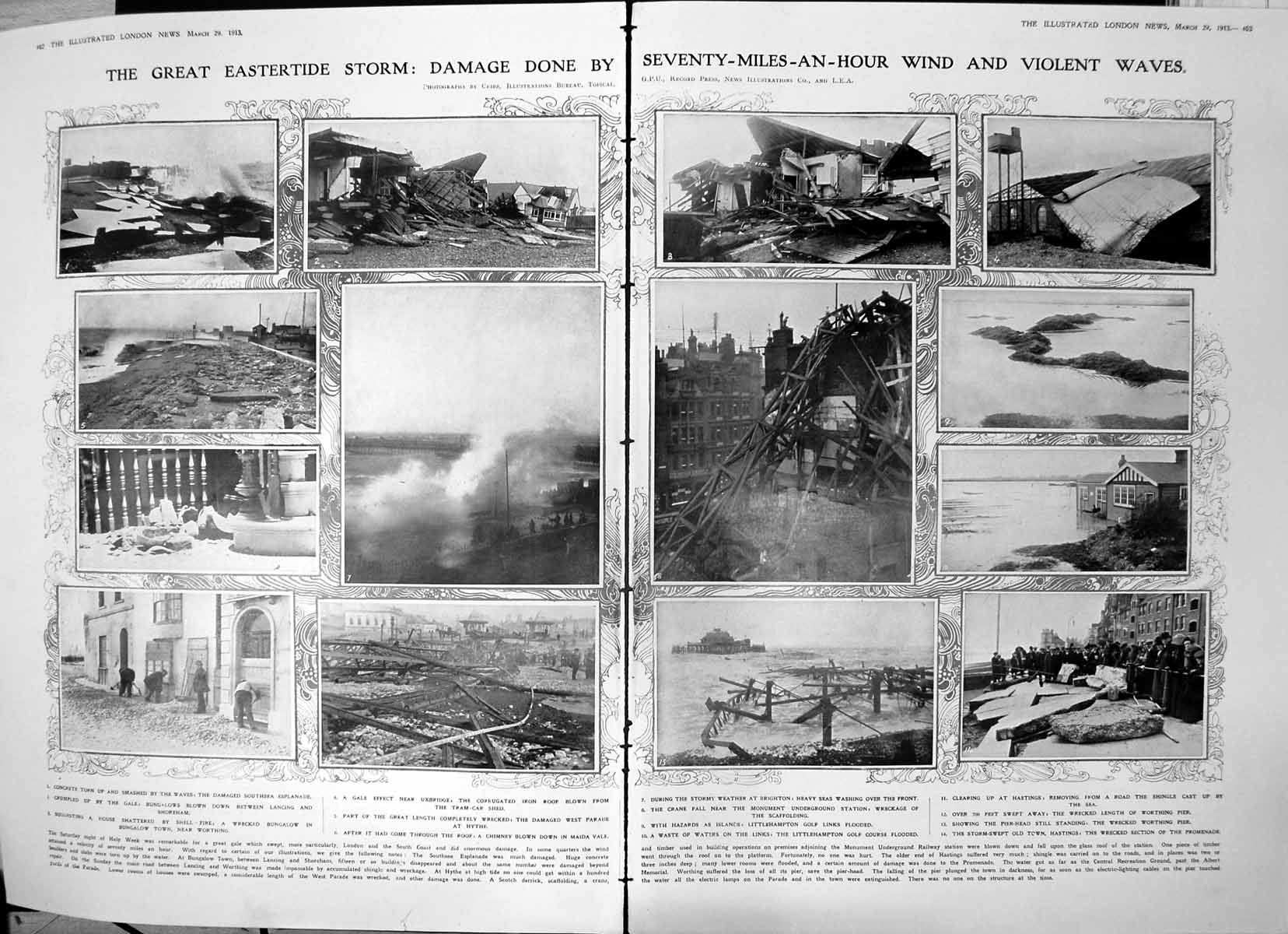 Antique Print Damaged Easter Storm Damage Worthing Pier Coastal City 1913 20th