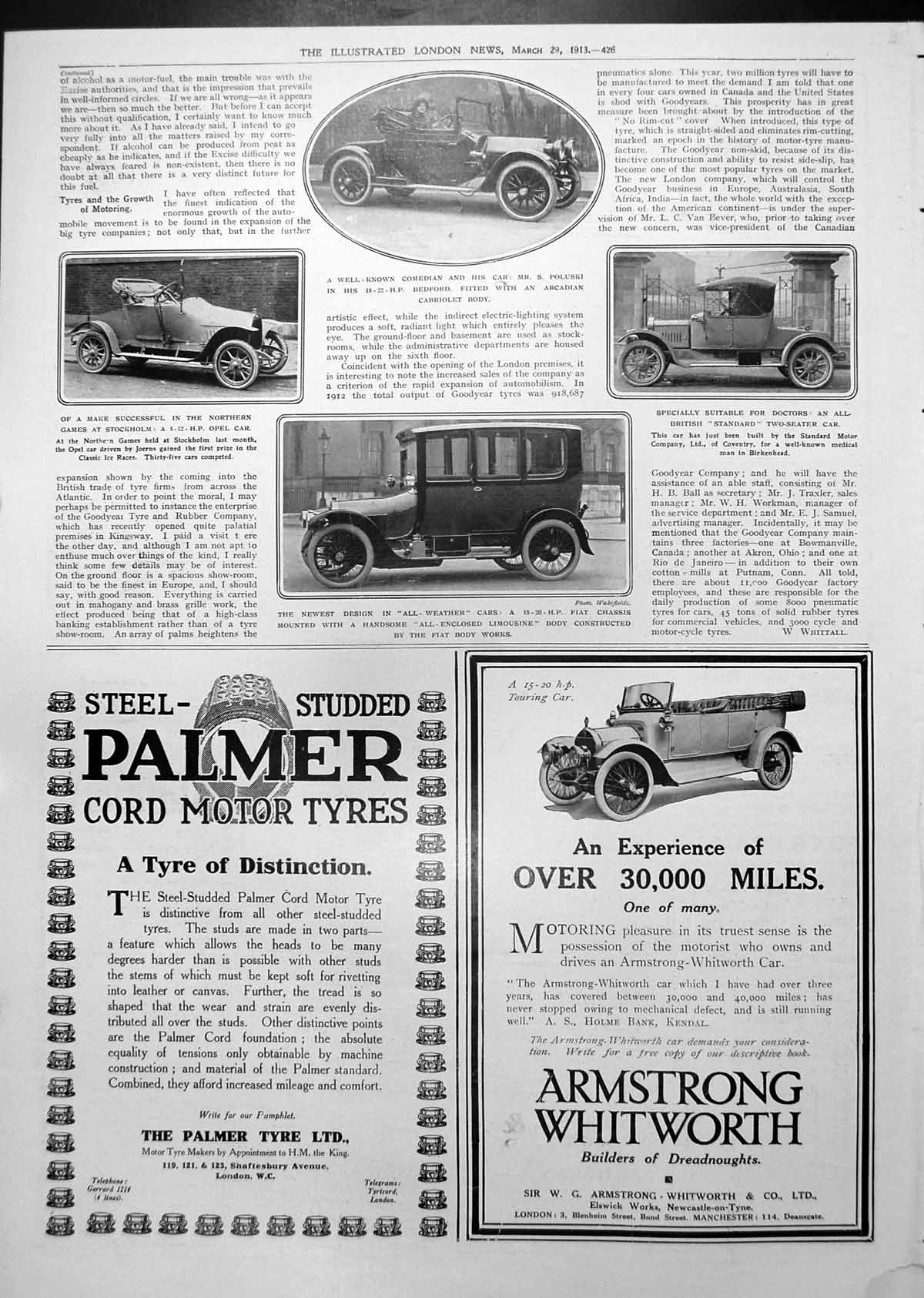 Antique Old Print Bedford Car Opel Fiat Armstrong Whitworth Ad Goodyear 1913