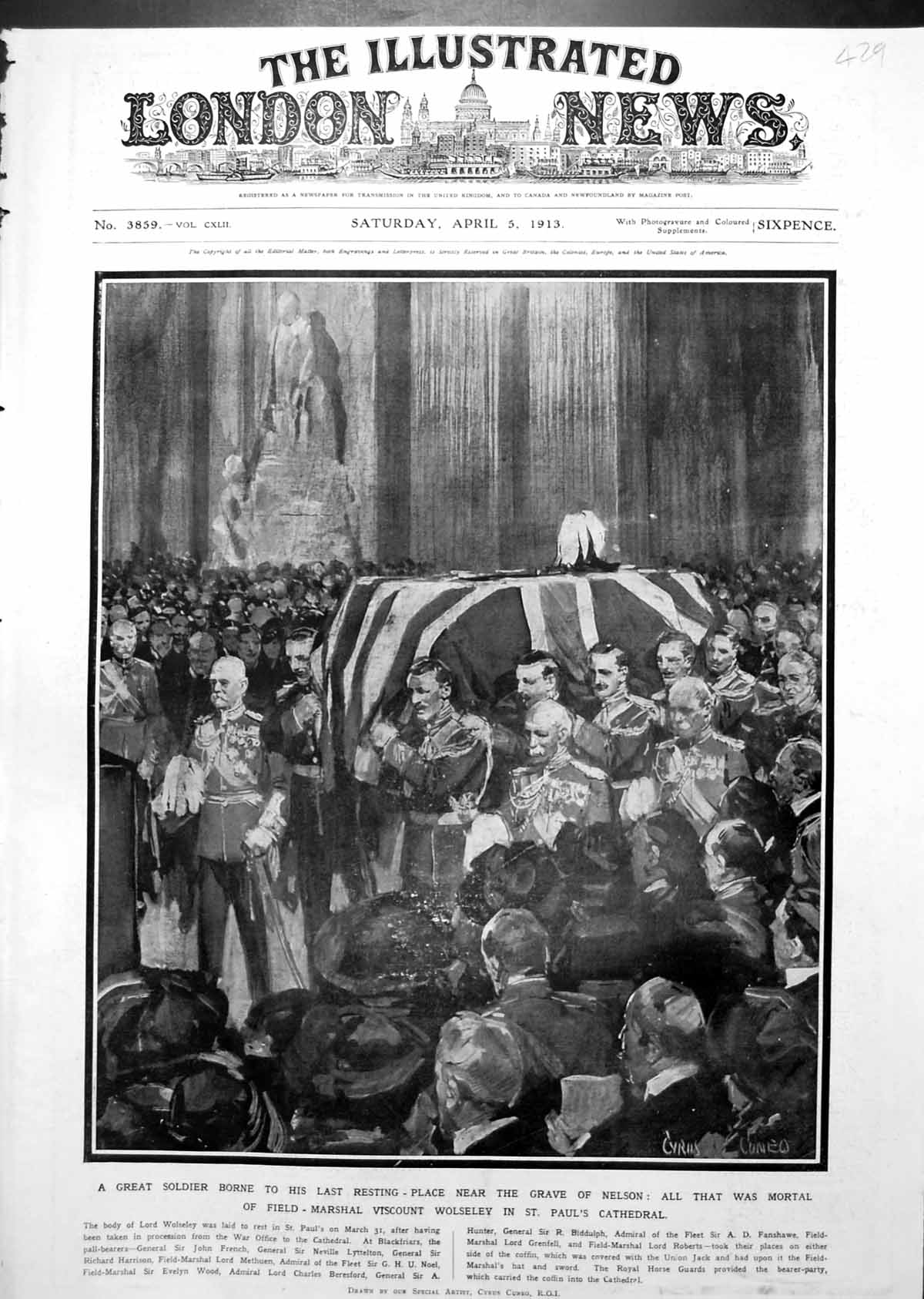 Old Print Field-Marshal Viscount Wolseley Coffin St Paul'S Cathedral 1913 20th