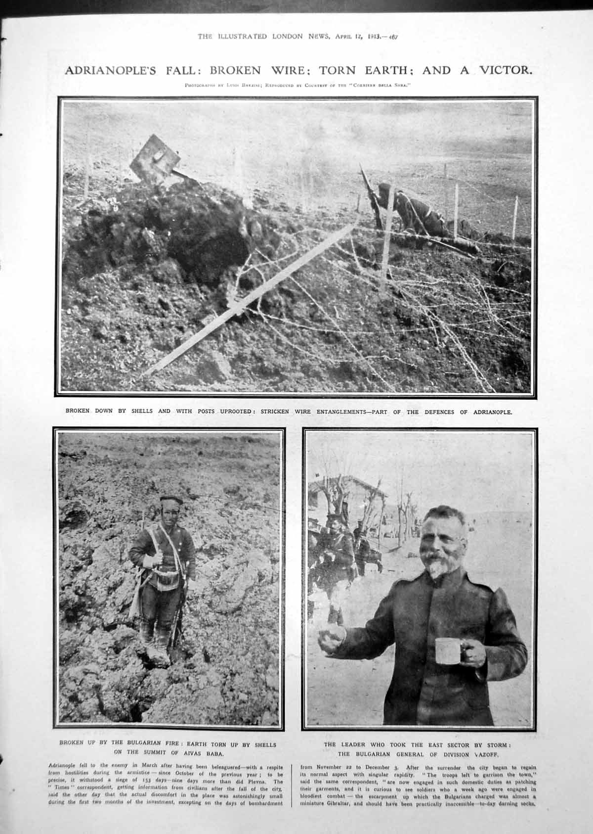 Antique Old Print Adrianople'S Fall Bulgarian General Dead In Trenches 1913