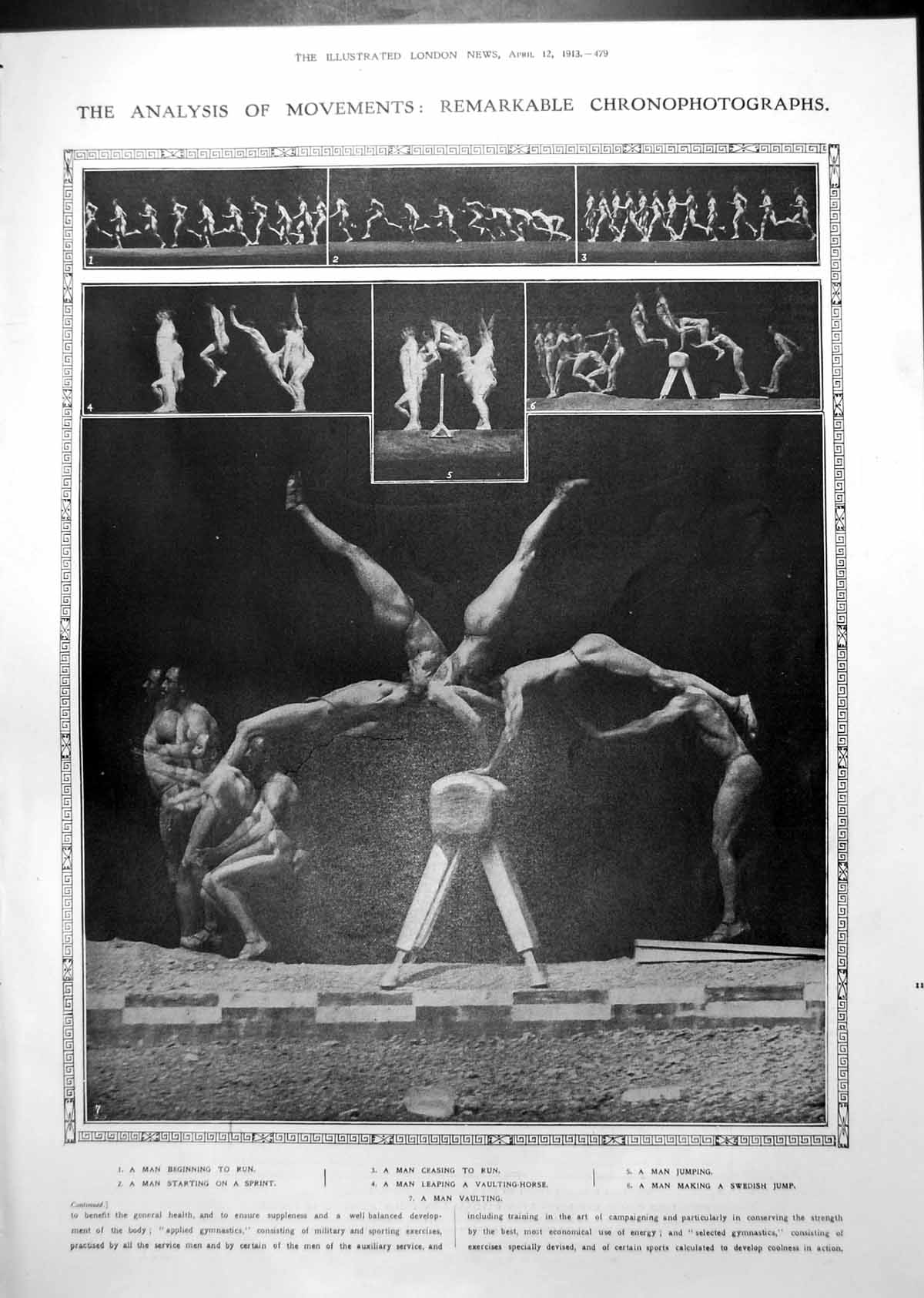 Antique Old Print Chronophotographs Slow Motion Man Running Vaulting 1913 20th