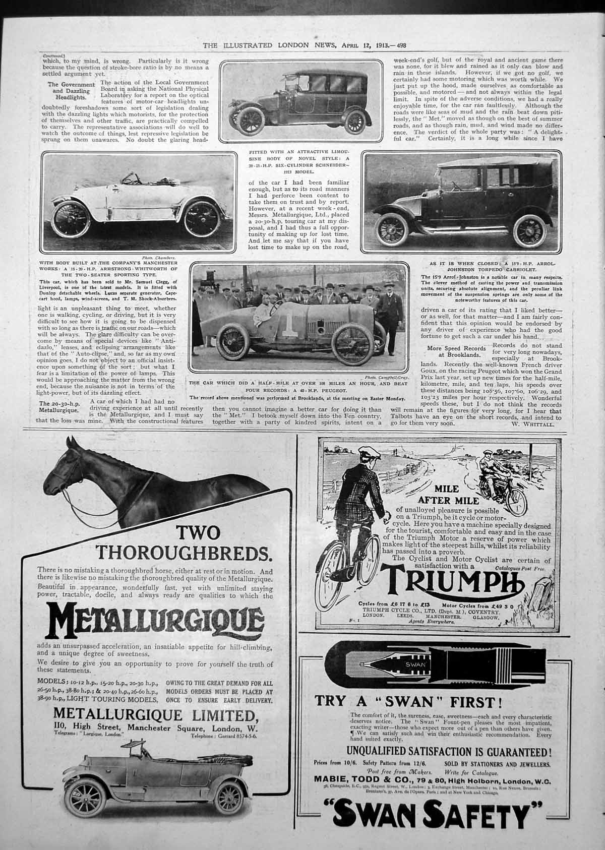 Old Antique Print Schneider Car Armstrong-Whitworth Wolseley Advert 1913 20th