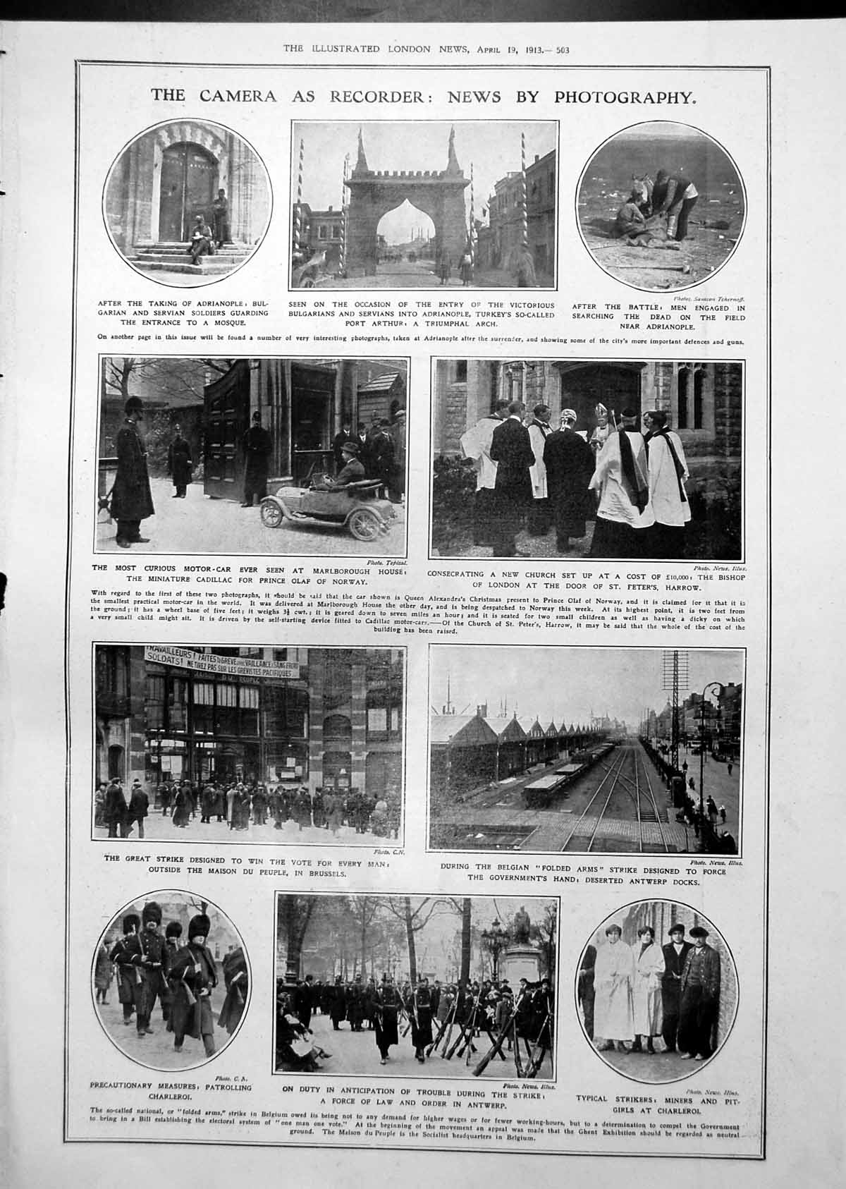 Antique Old Print Antwerp Strike Miniature Cadillac Ghazi Shukri Pasha 1913
