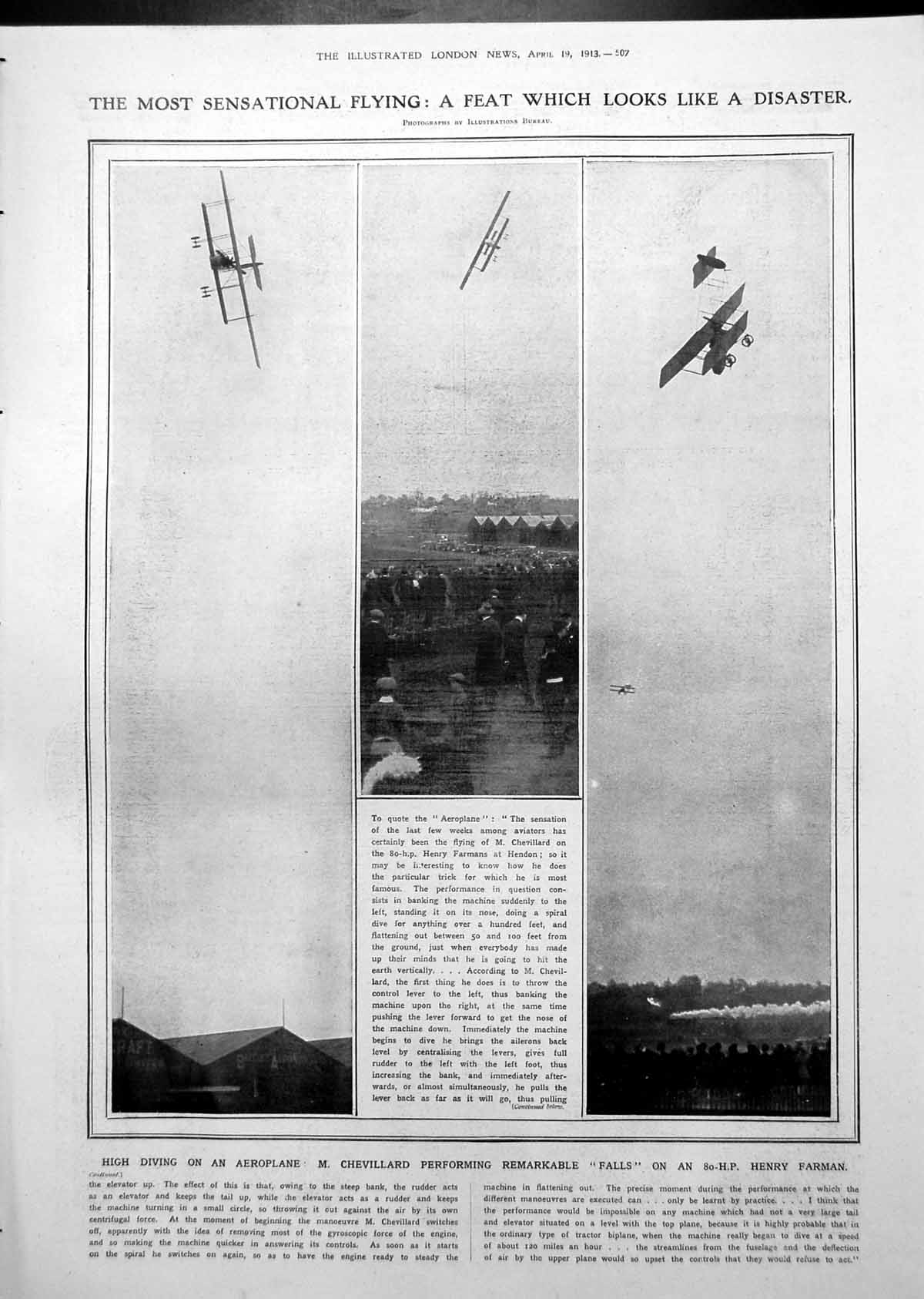 Antique Old Print M. Chevillard Falls Henry Farman Aeroplane Adrianople 1913