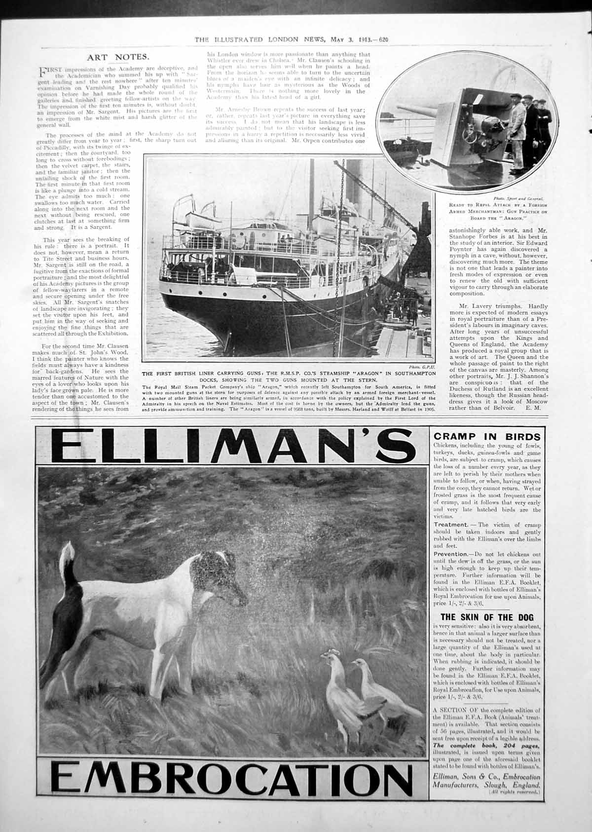 Antique Print First Armed British Liner R.M.S.P. Co'S Steamship Aragon 1913