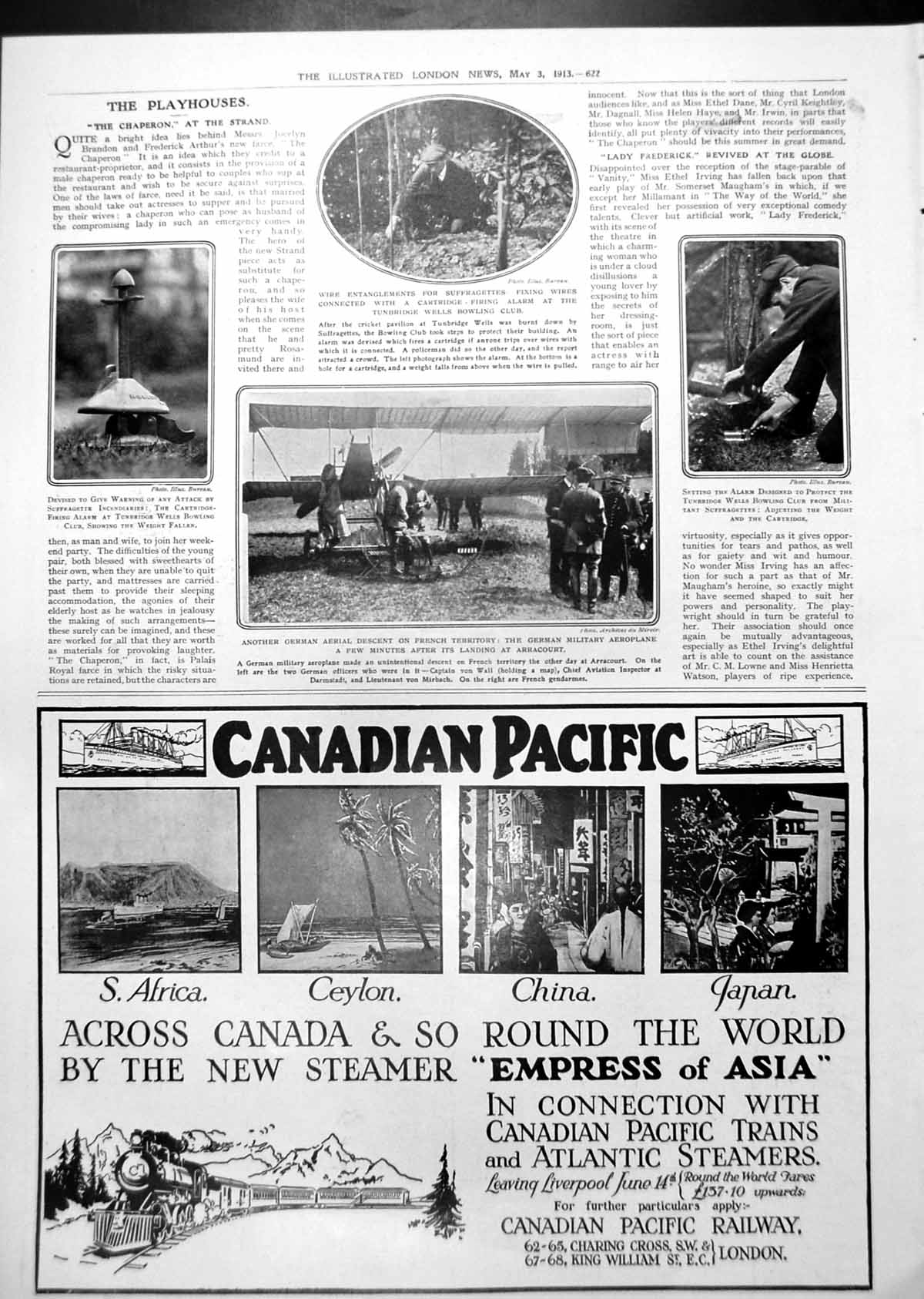 Antique Old Print Suffragettes Warning Systems Alarms German Aircraft 1913 20th
