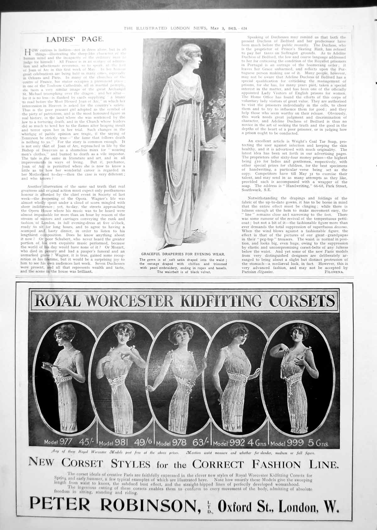 Antique Old Print Graceful Draperies For Evening Wear Lady Gown Corsets 1913