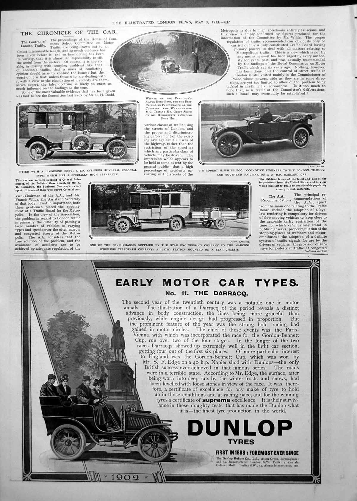 Antique Old Print Marconi Telegraph Co Sunbeam Oakland Car Humberette 1913 20th