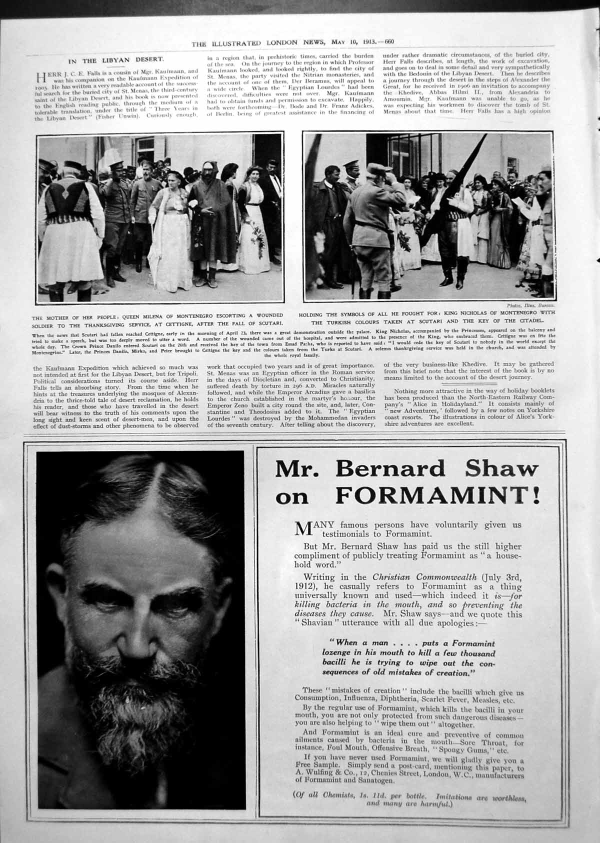 Antique Old Print Queen Milena Montenegro King Nicholas Mr Bernard Shaw 1913