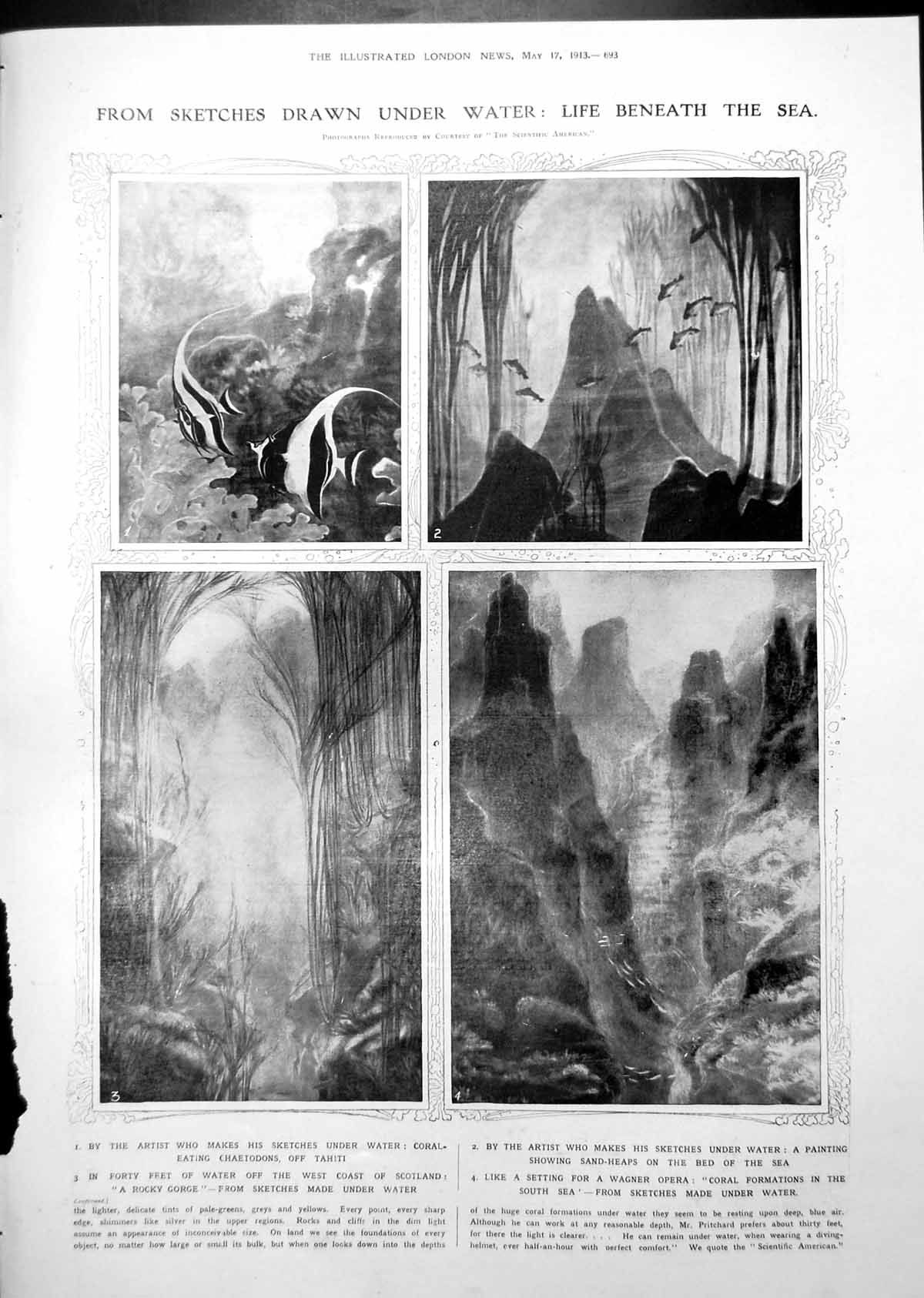 Old Print Life Beneath Sea Under Water Drawings New Crested Dinosaur 1913 20th