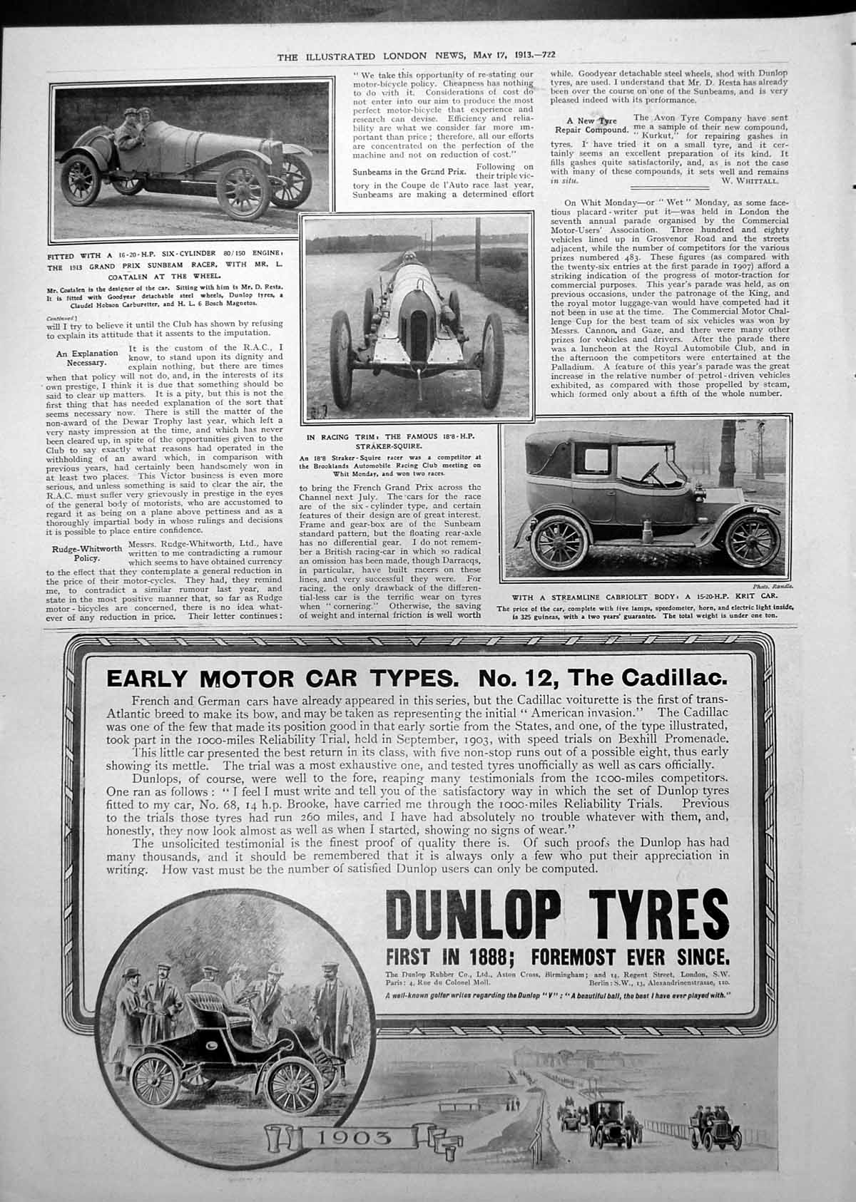 Old Antique Print Grand Prix Sunbeam Racer Straker-Squire Krit Car 1913 20th