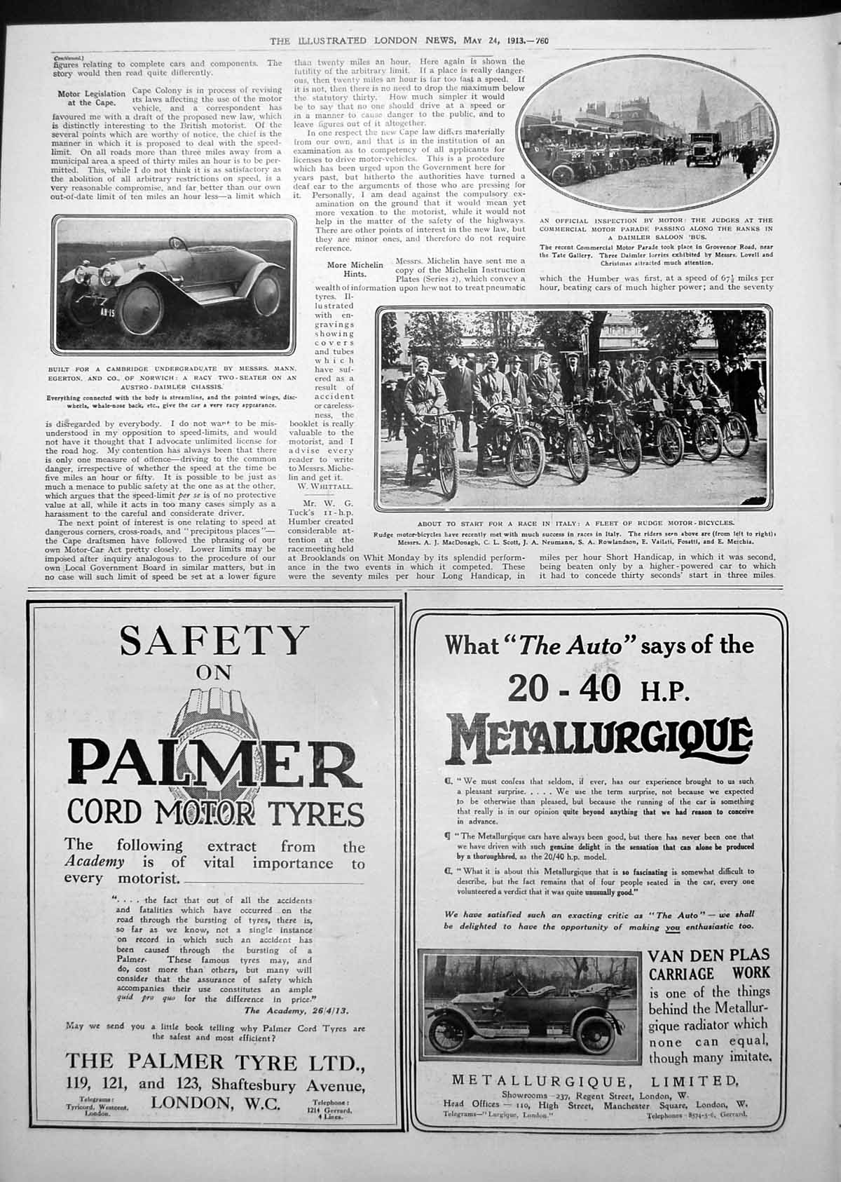 Old Print RacySeater Car Austro-Daimler Chassis Rudge Motor Bikes 1913