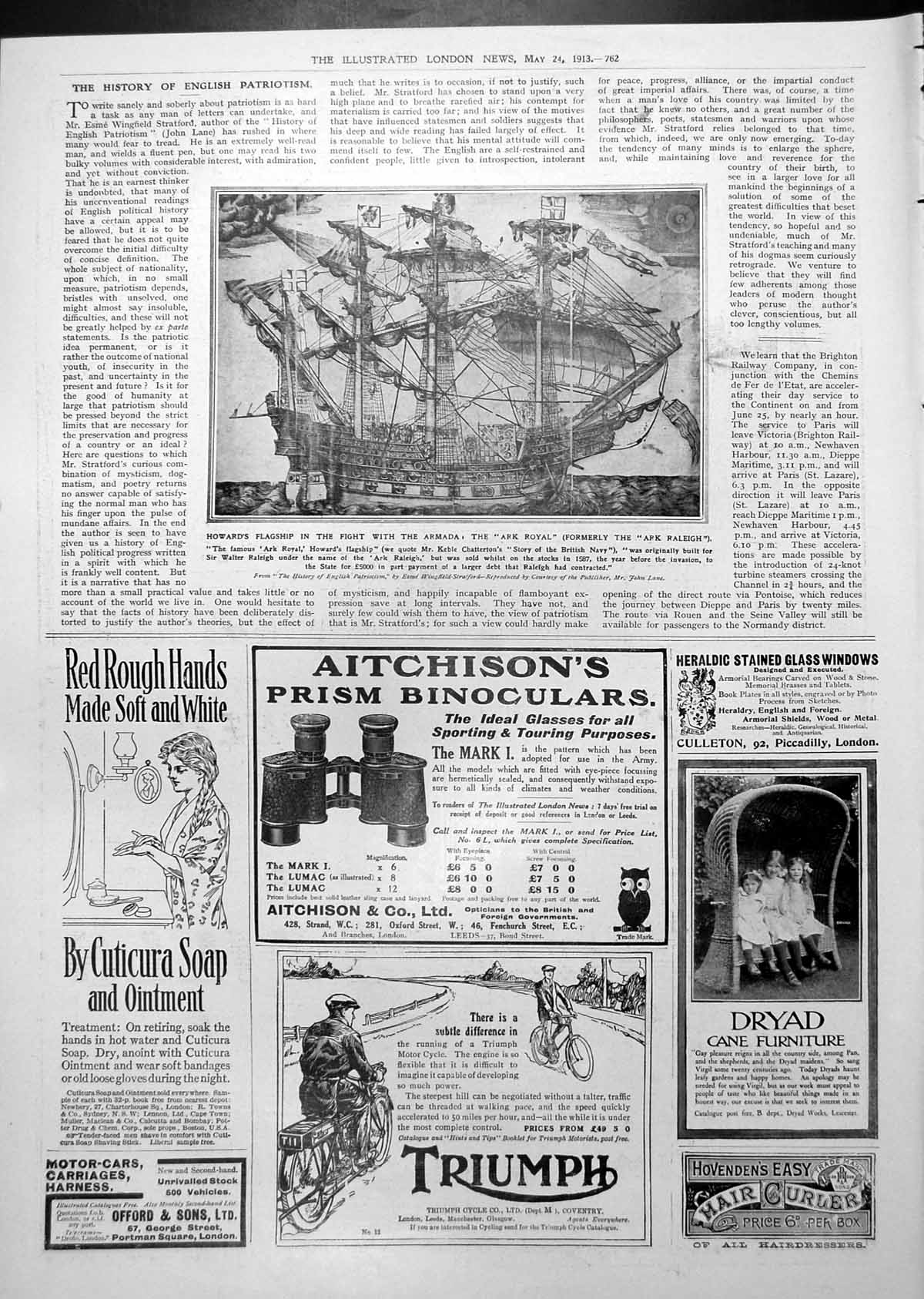 Original Old Antique Print Howards Flagship Ark Royal Formerly Ark Raleigh 1913