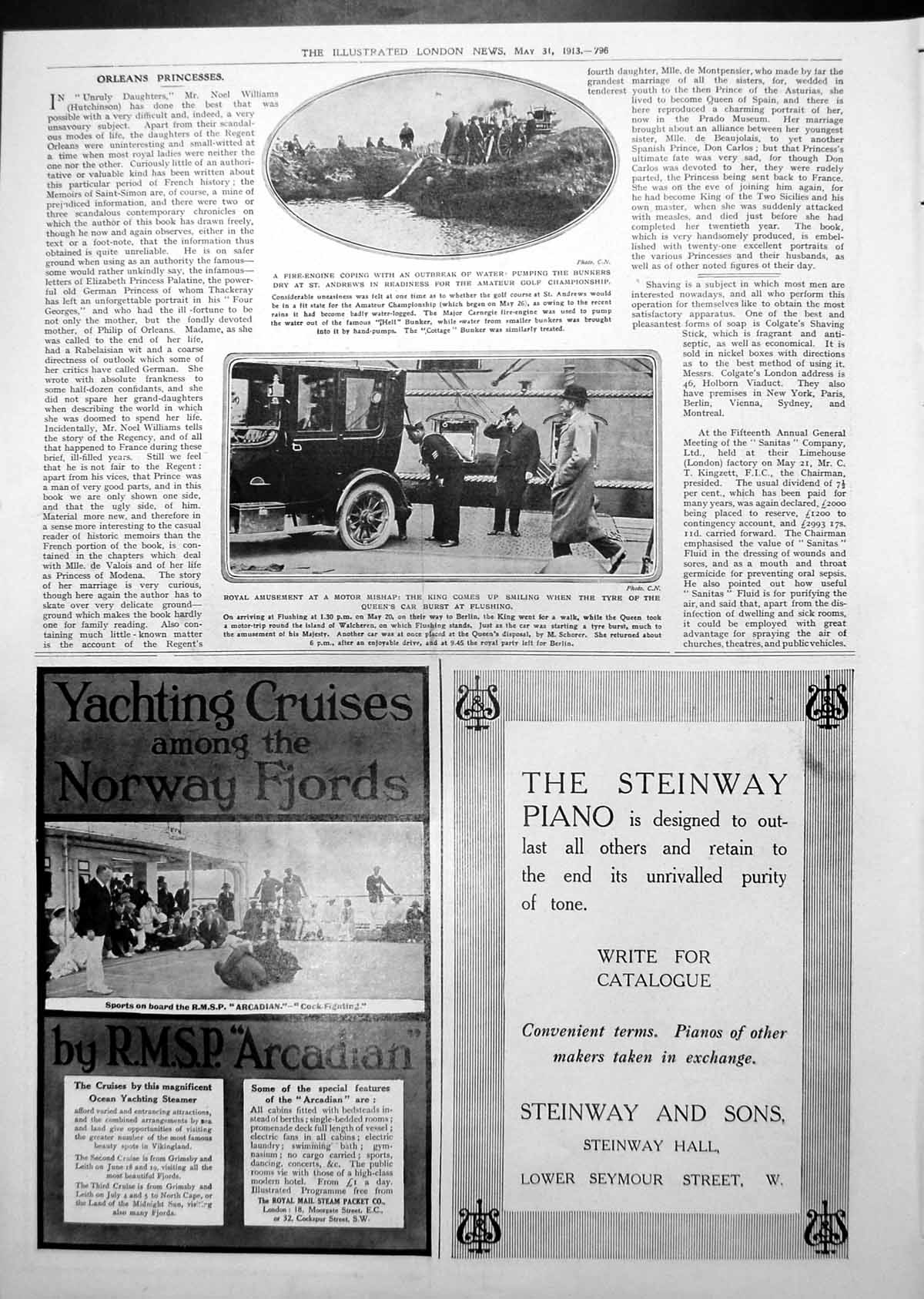 Antique Old Print Fire Engine Pumping St Andrews Bunkers Dry King Smiles 1913