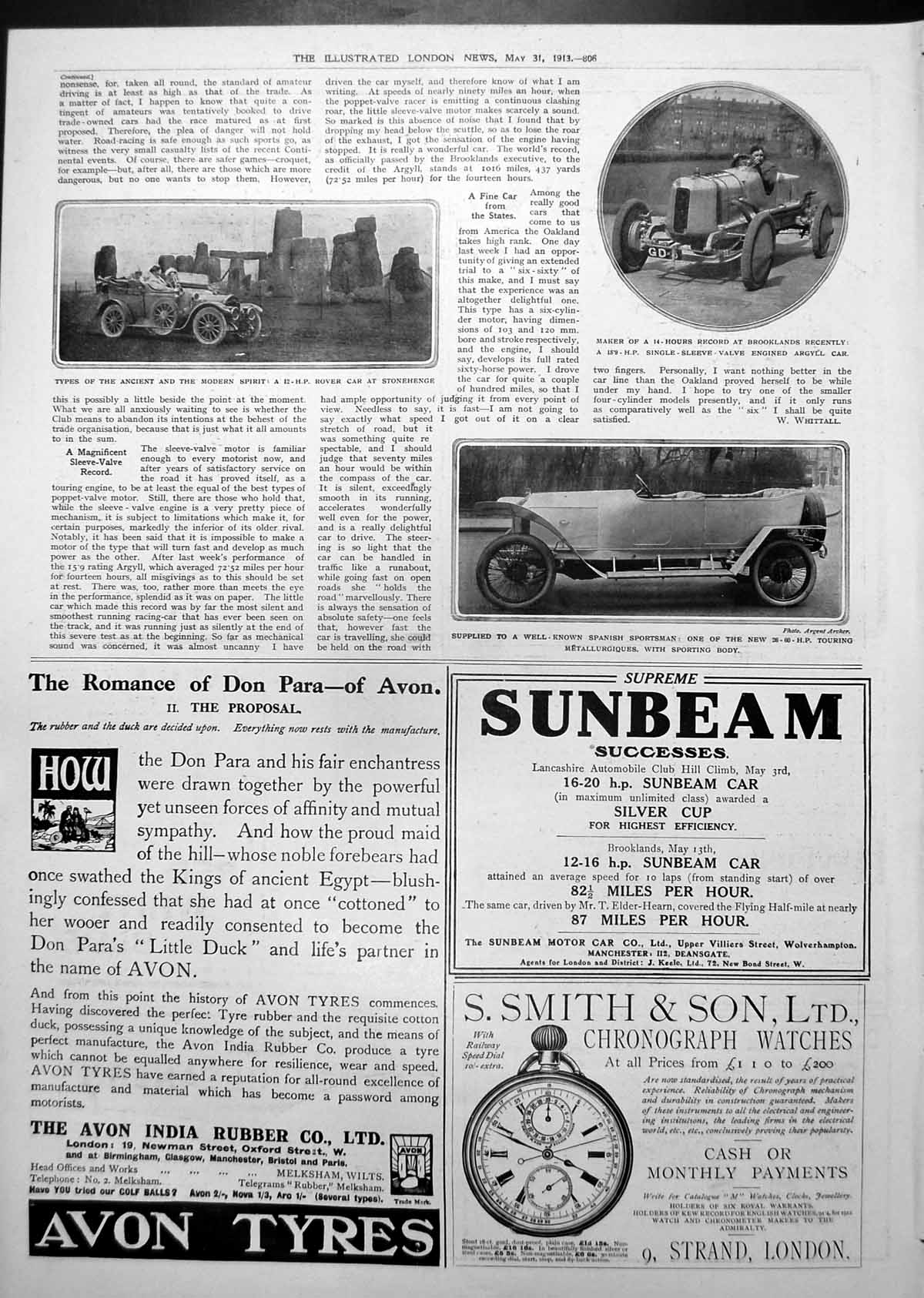 Antique Old Print Rover Car Stonhenge Argyll New Metallurgiques Sporting 1913
