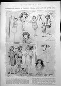 Antique Print Frocks Hats Little Girls Ancient GWork Unearhted Germany 1913