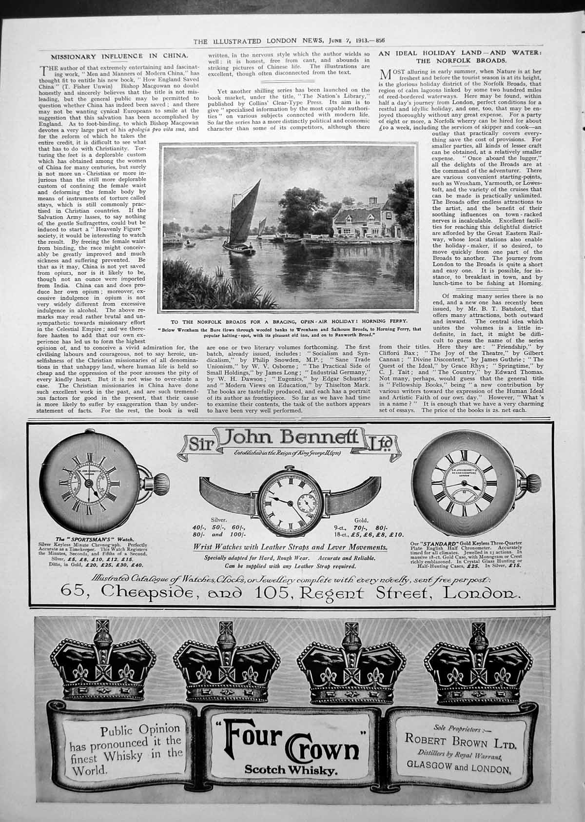 Original Old Antique Print Horning Ferry Norfolk Broads Inn Boats Water 1913