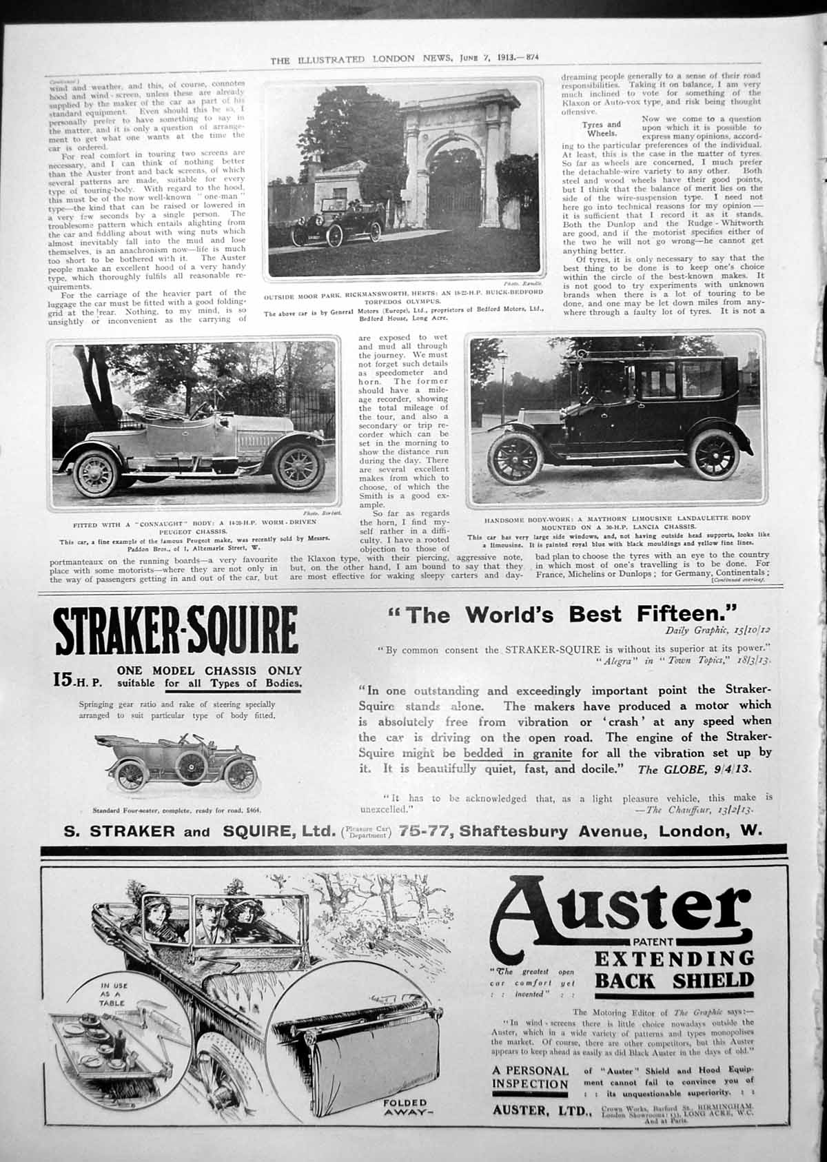 Antique Old Print Worm-Driven Peugeot Maythorn Limousine Buick-Bedford 1913